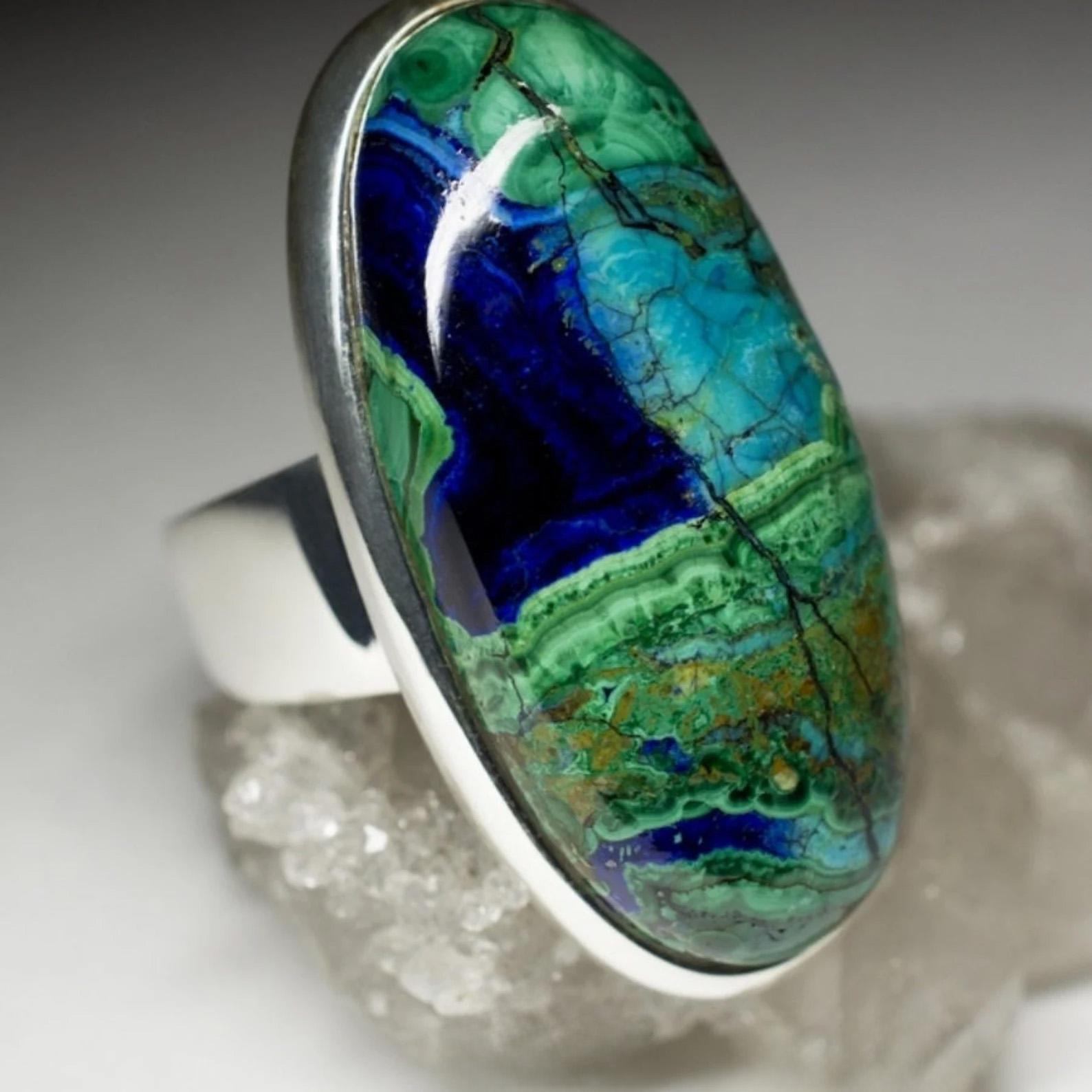 Azurmalachite Silver Ring Azurite Malachite Cabochon Blue Green Gemstone In New Condition In Berlin, DE