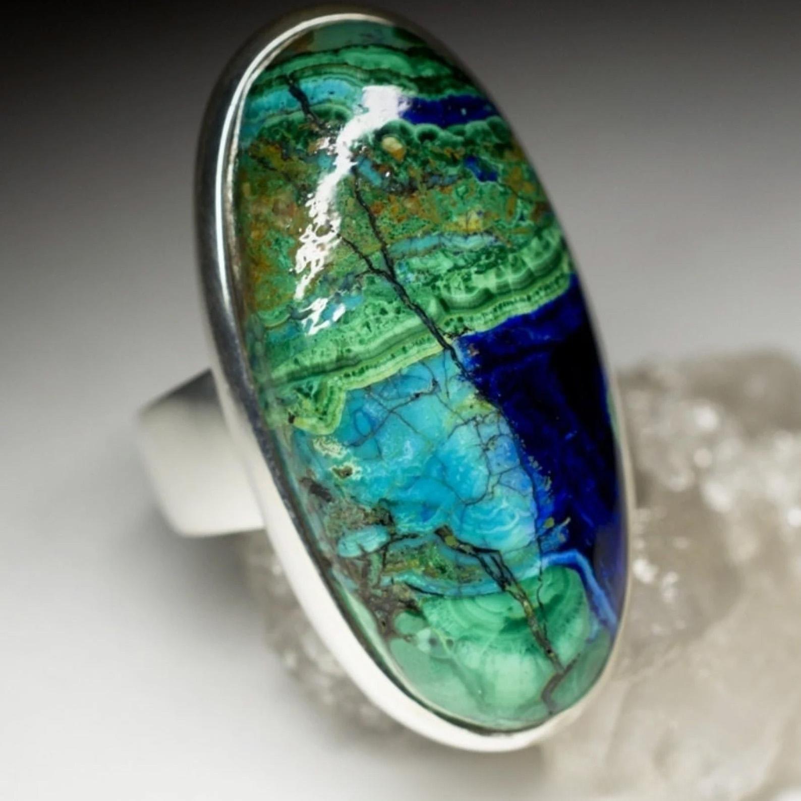 Azurmalachite Silver Ring Azurite Malachite Cabochon Blue Green Gemstone 1