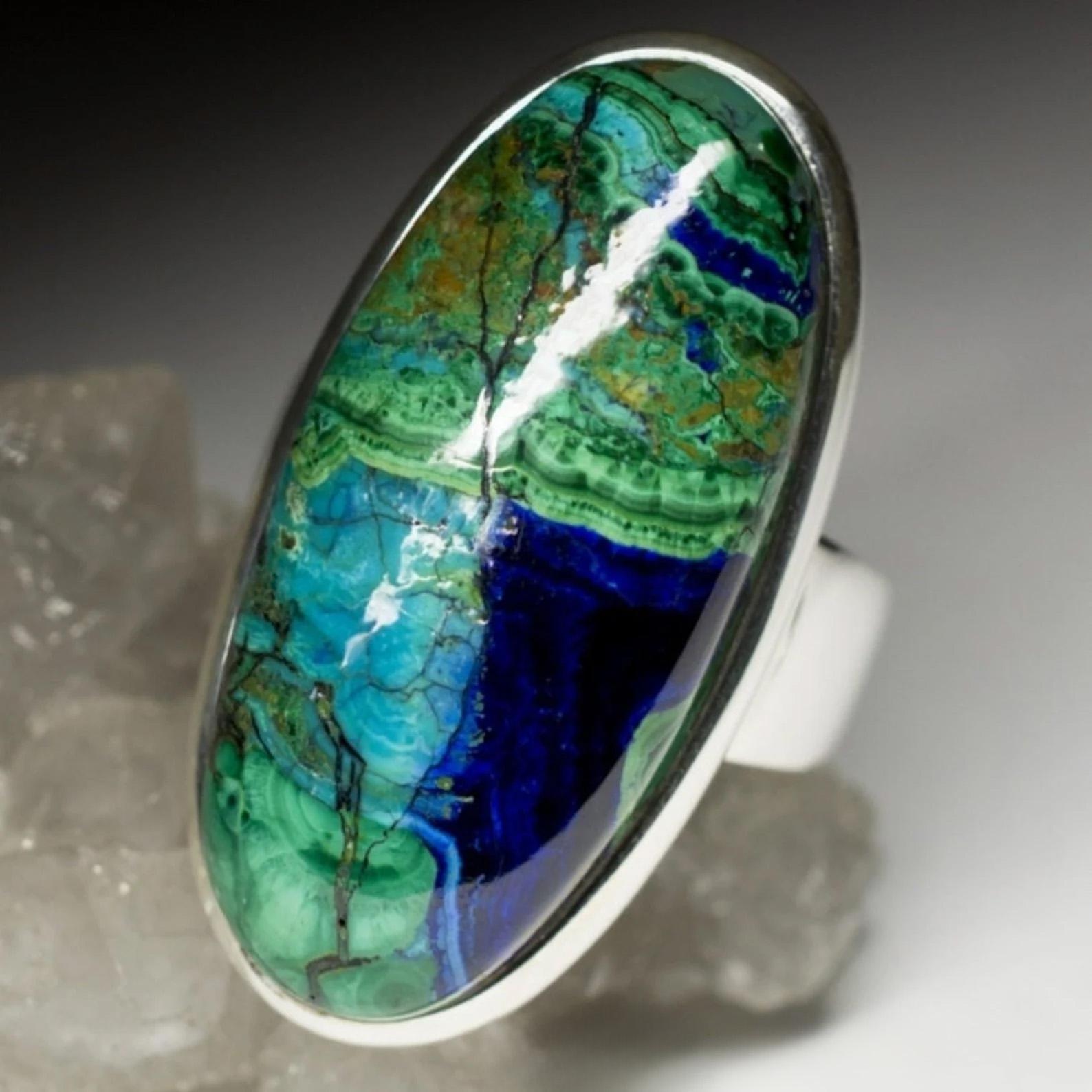 Azurmalachite Silver Ring Azurite Malachite Cabochon Blue Green Gemstone 3