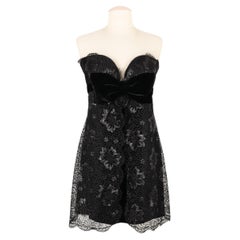 Azzaro Black Lace Short Dress with Black Velvet Bow