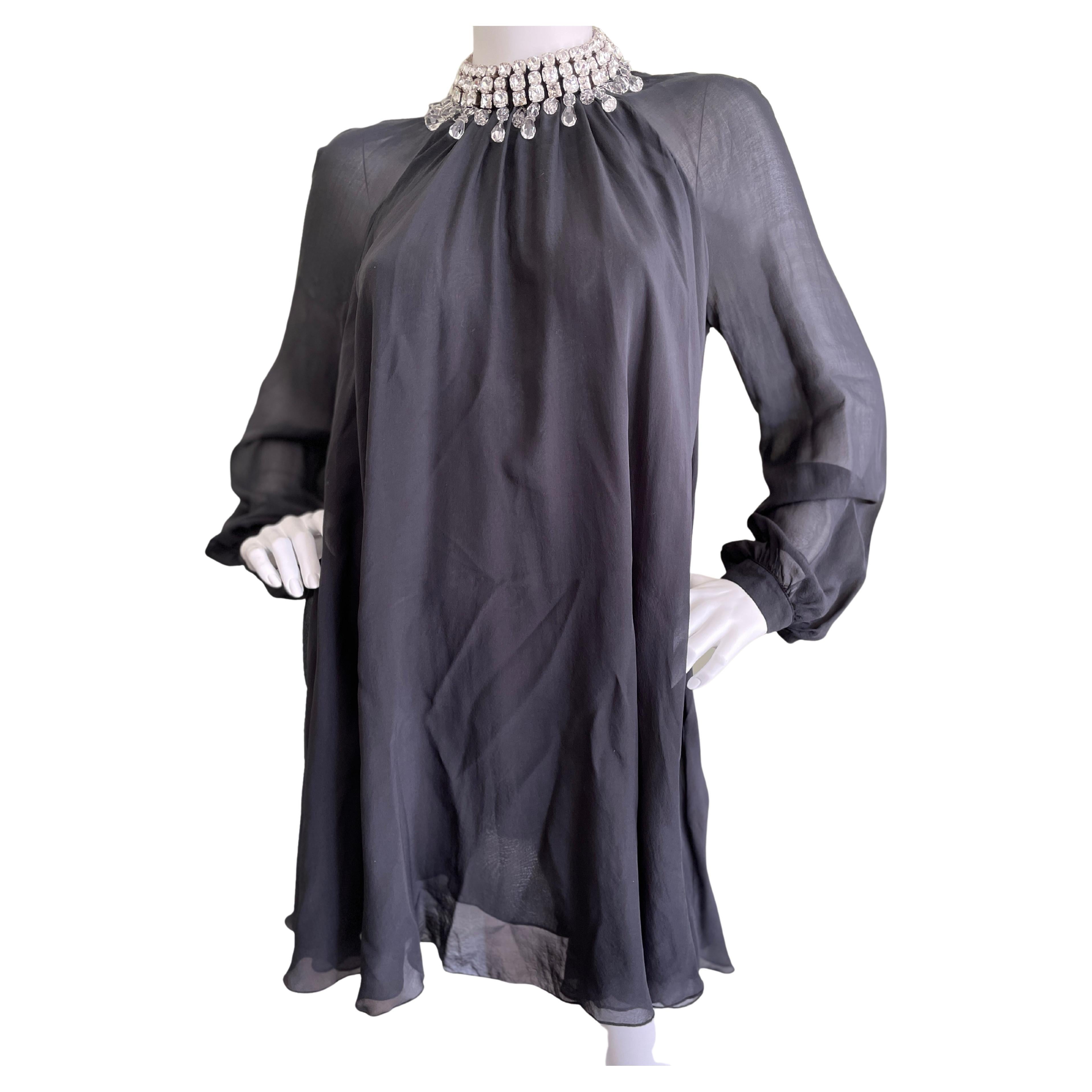  Azzaro Black Vintage Black Silk Cocktail Dress with Swarovski Crystal Necklace For Sale