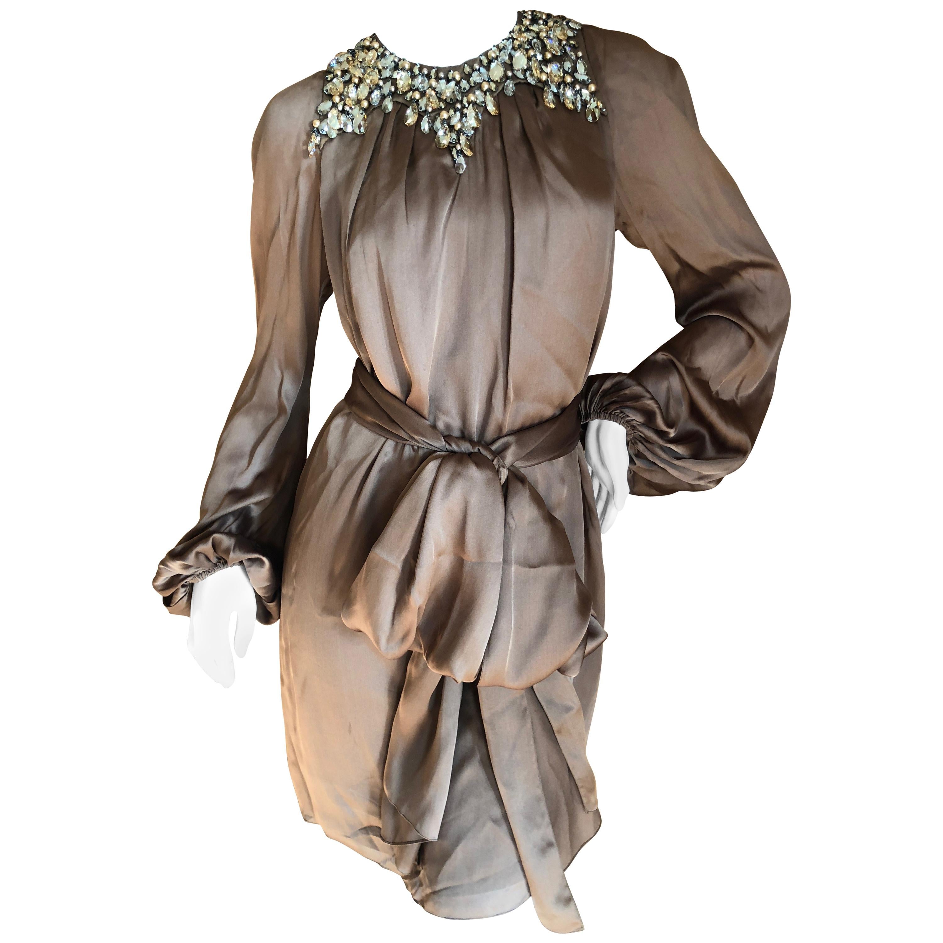 Azzaro Brown Silk Sash Tied Cocktail Dress with Gobsmacking Crystal Collar For Sale