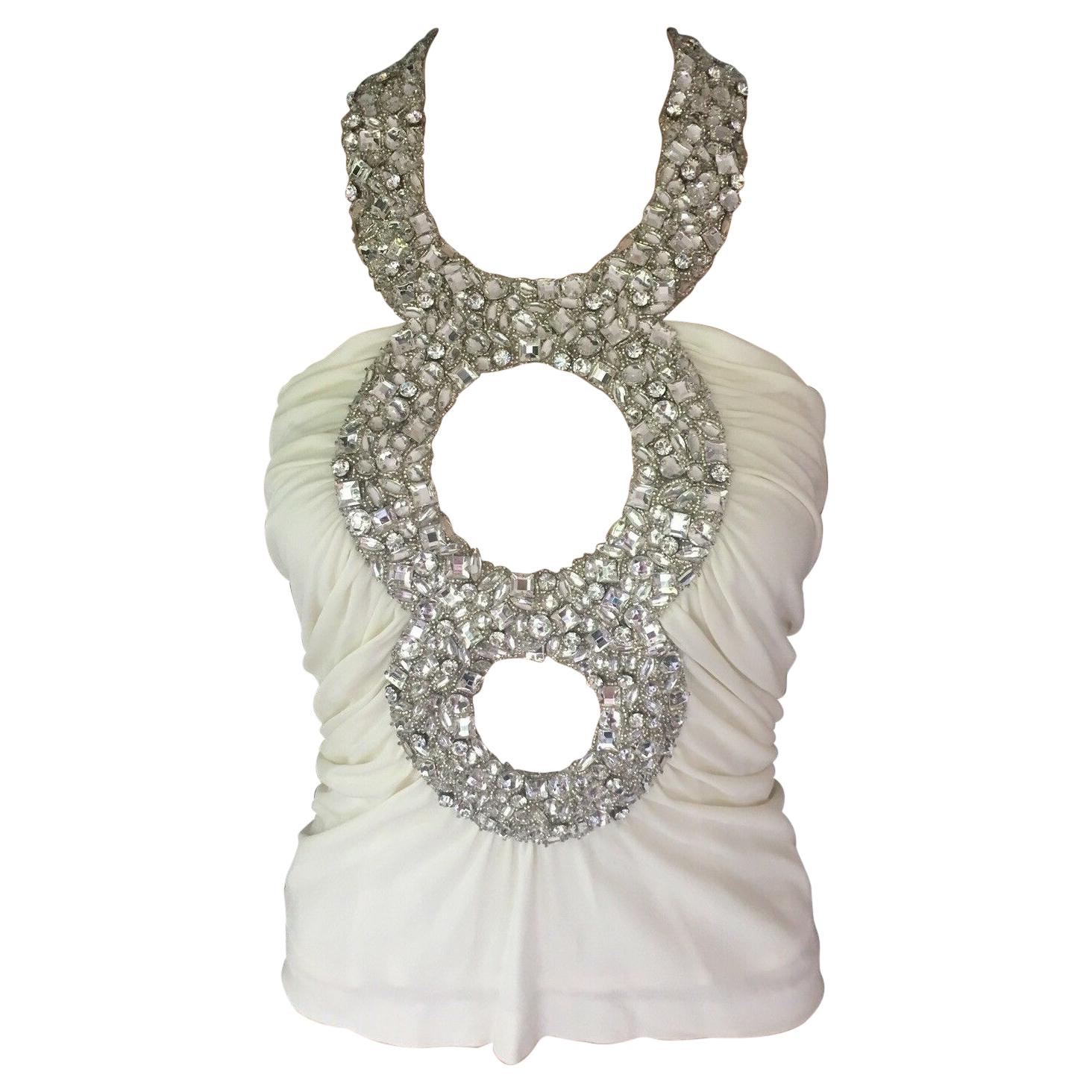 Azzaro Couture Iconic Crystal Embellished Cutout White Top 