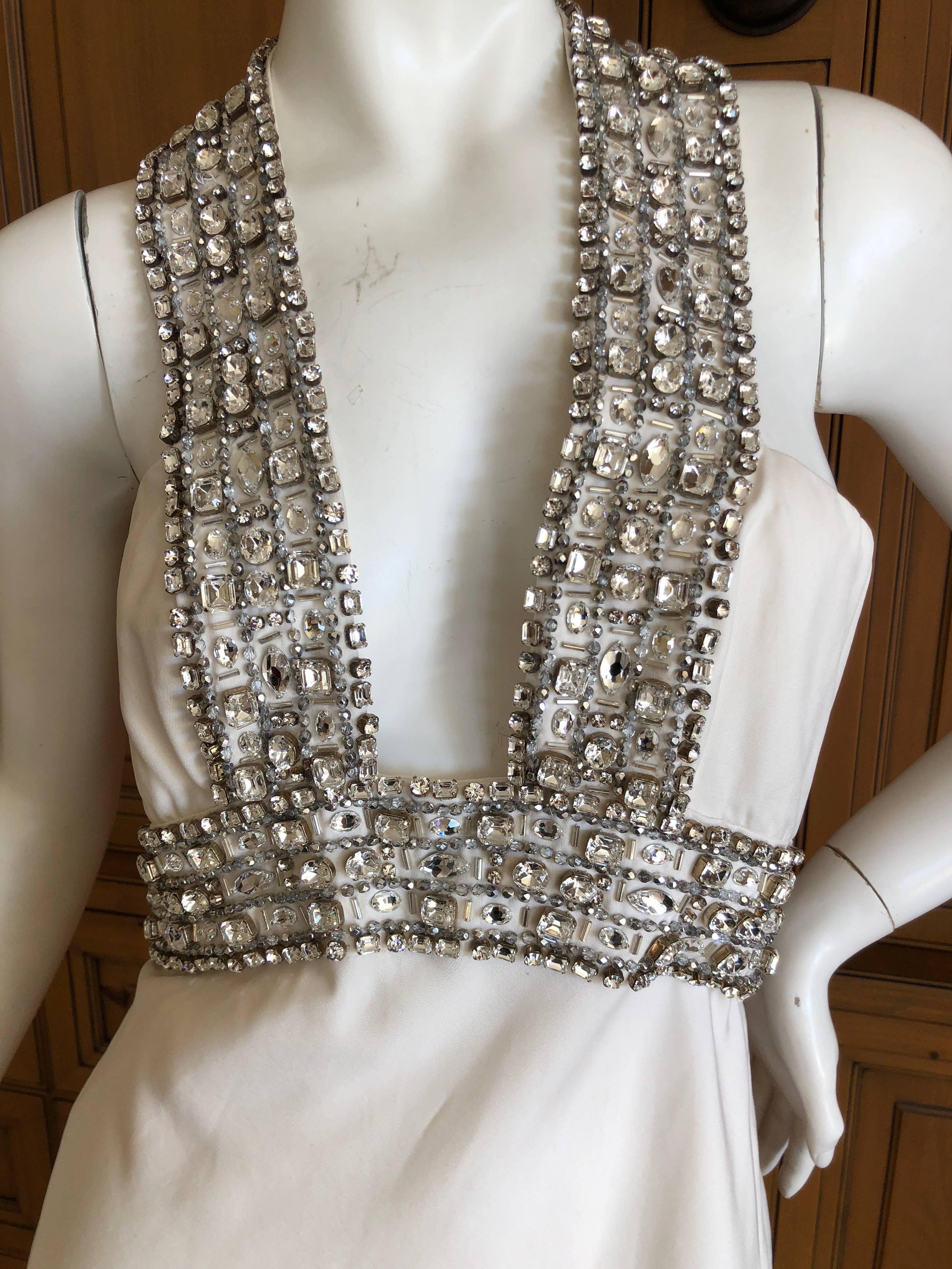 Azzaro Low Cut Ivory Dress with Bold Crystal Jewel Details In Excellent Condition For Sale In Cloverdale, CA