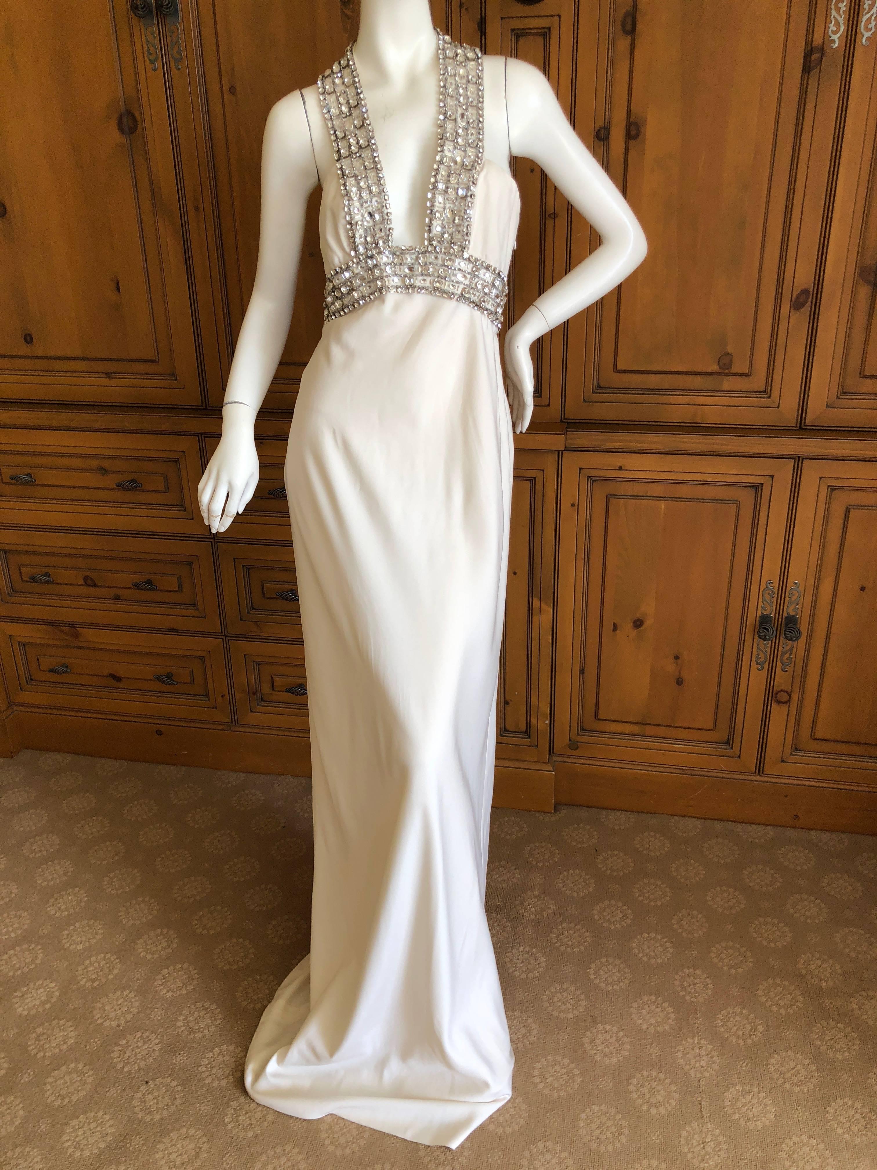 Women's Azzaro Low Cut Ivory Dress with Bold Crystal Jewel Details For Sale