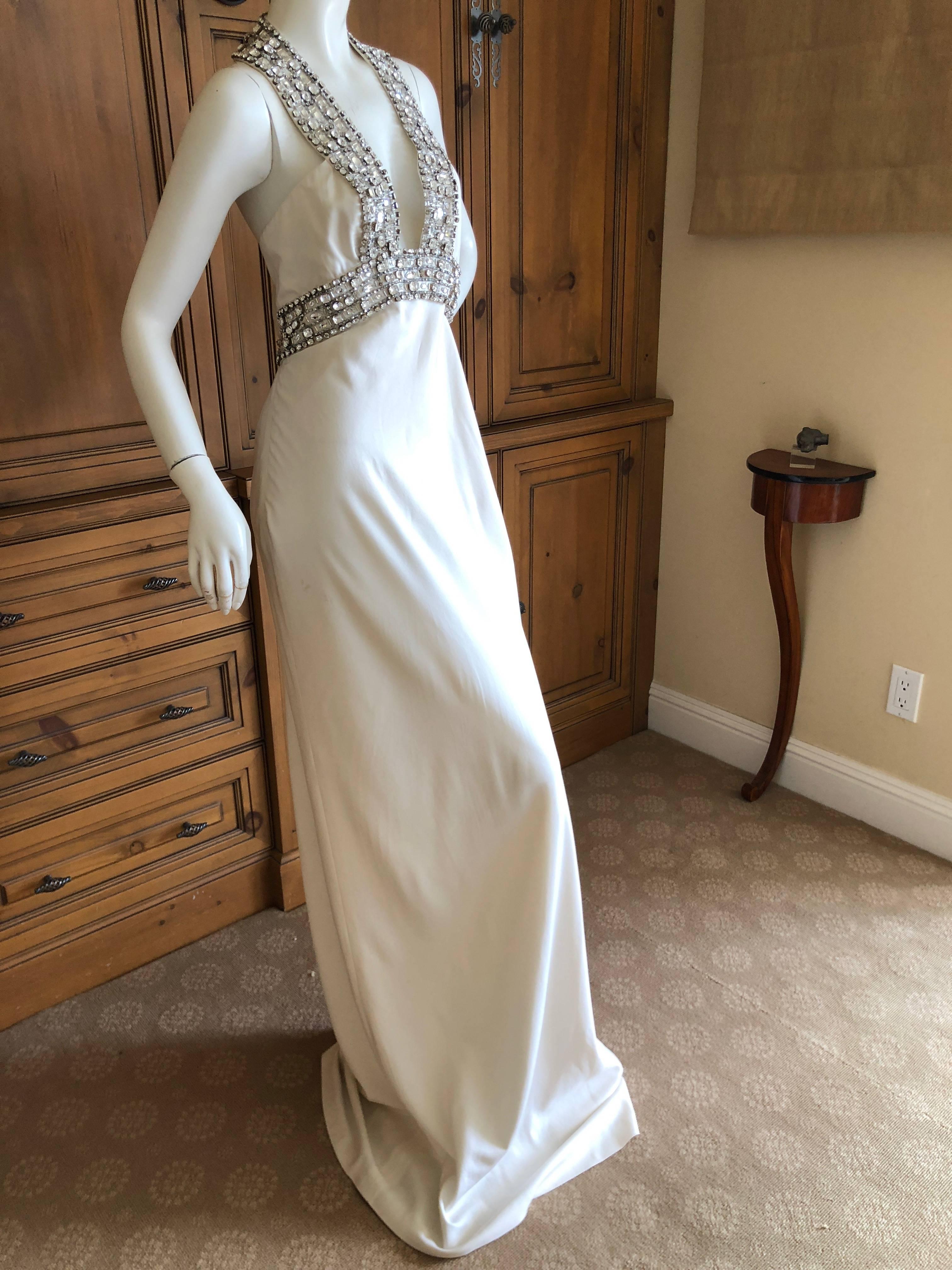 Azzaro Low Cut Ivory Dress with Bold Crystal Jewel Details For Sale 2