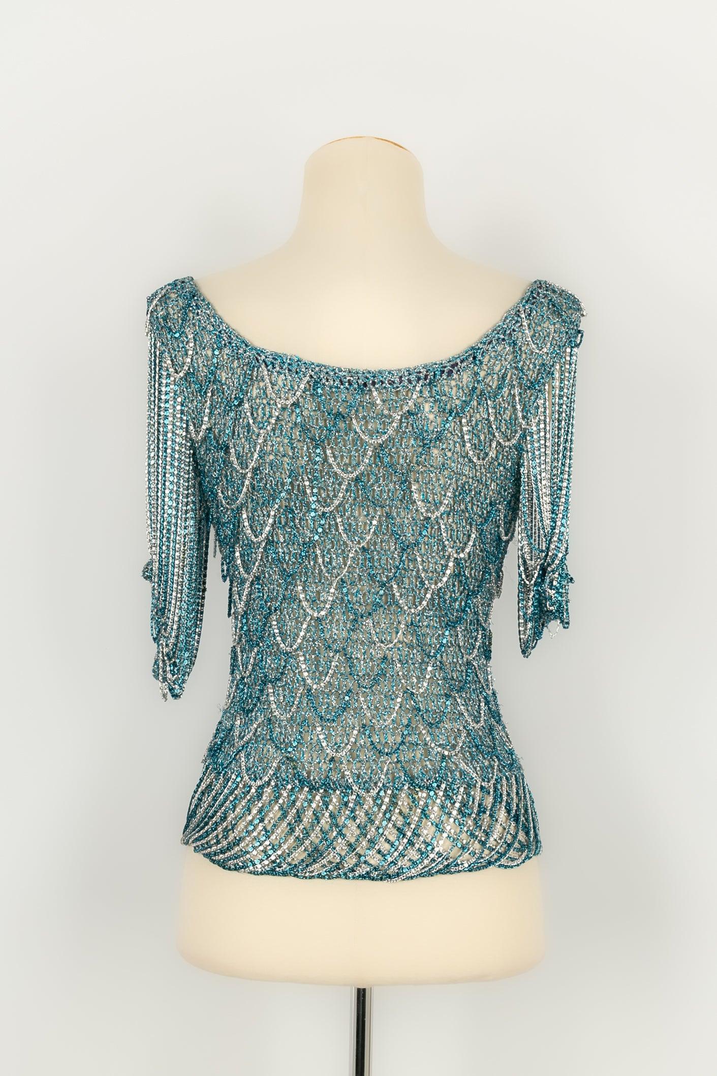 Azzaro Mesh Top in Blue and Silver Lurex, 1970s In Excellent Condition For Sale In SAINT-OUEN-SUR-SEINE, FR