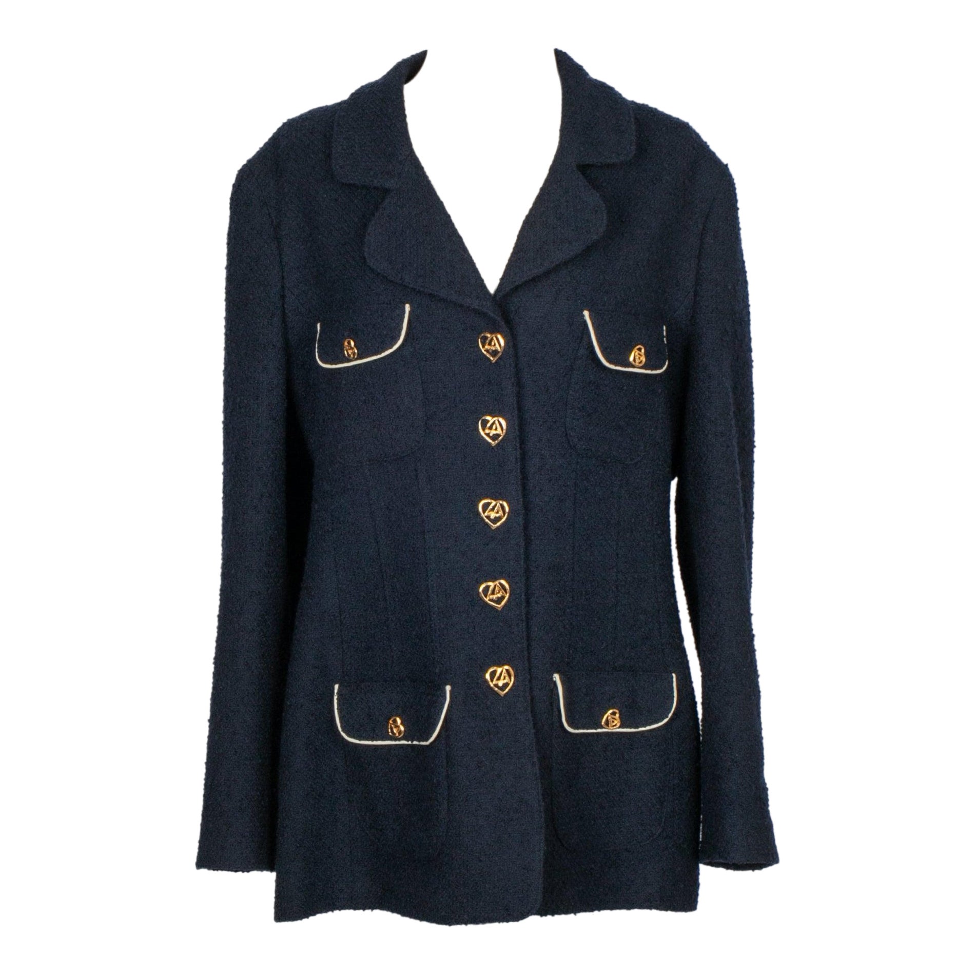 Azzaro Giacca in lana blu navy e bottoni in metallo dorato in vendita