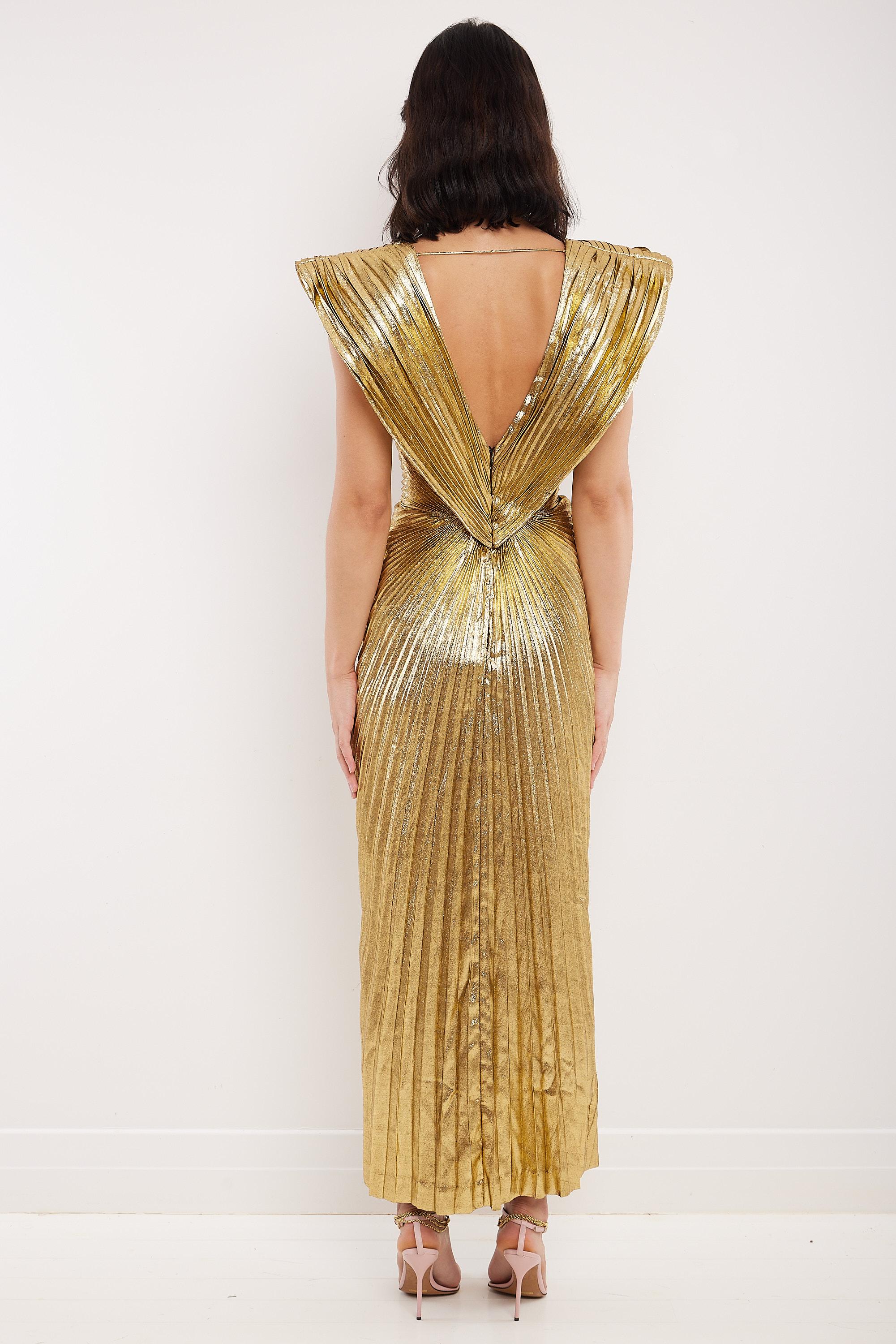 Azzaro Paris 80's Gold Lamé Sunray Pleated Met Gala Evening Gown In Excellent Condition For Sale In BELLEVUE HILL, NSW