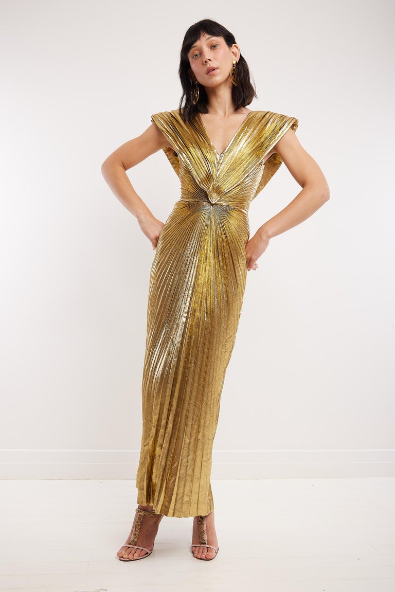 Azzaro Paris 80's Gold Lamé Sunray Pleated Met Gala Evening Gown