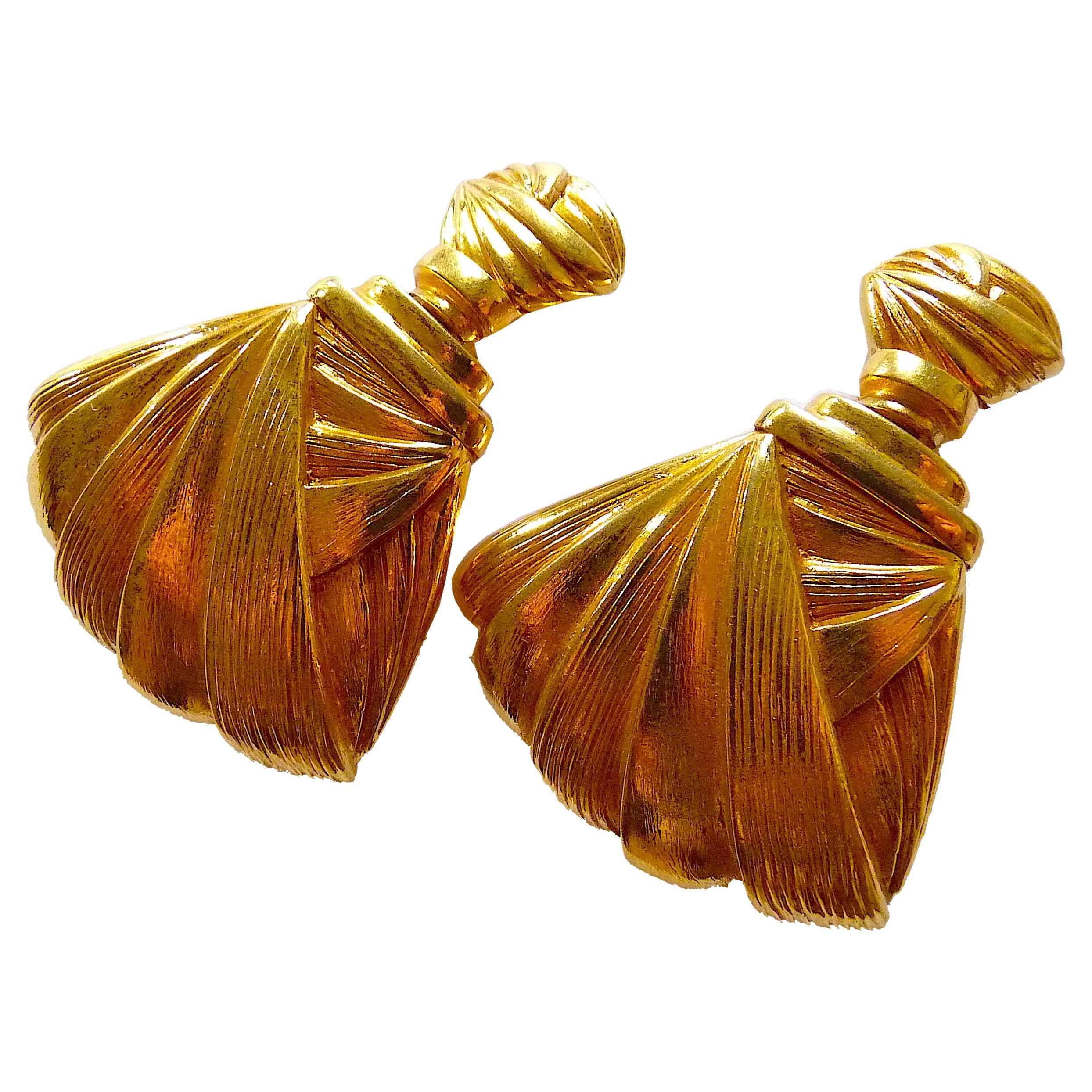 AZZARO PARIS Gold Clip On Earrings from the 1980s For Sale