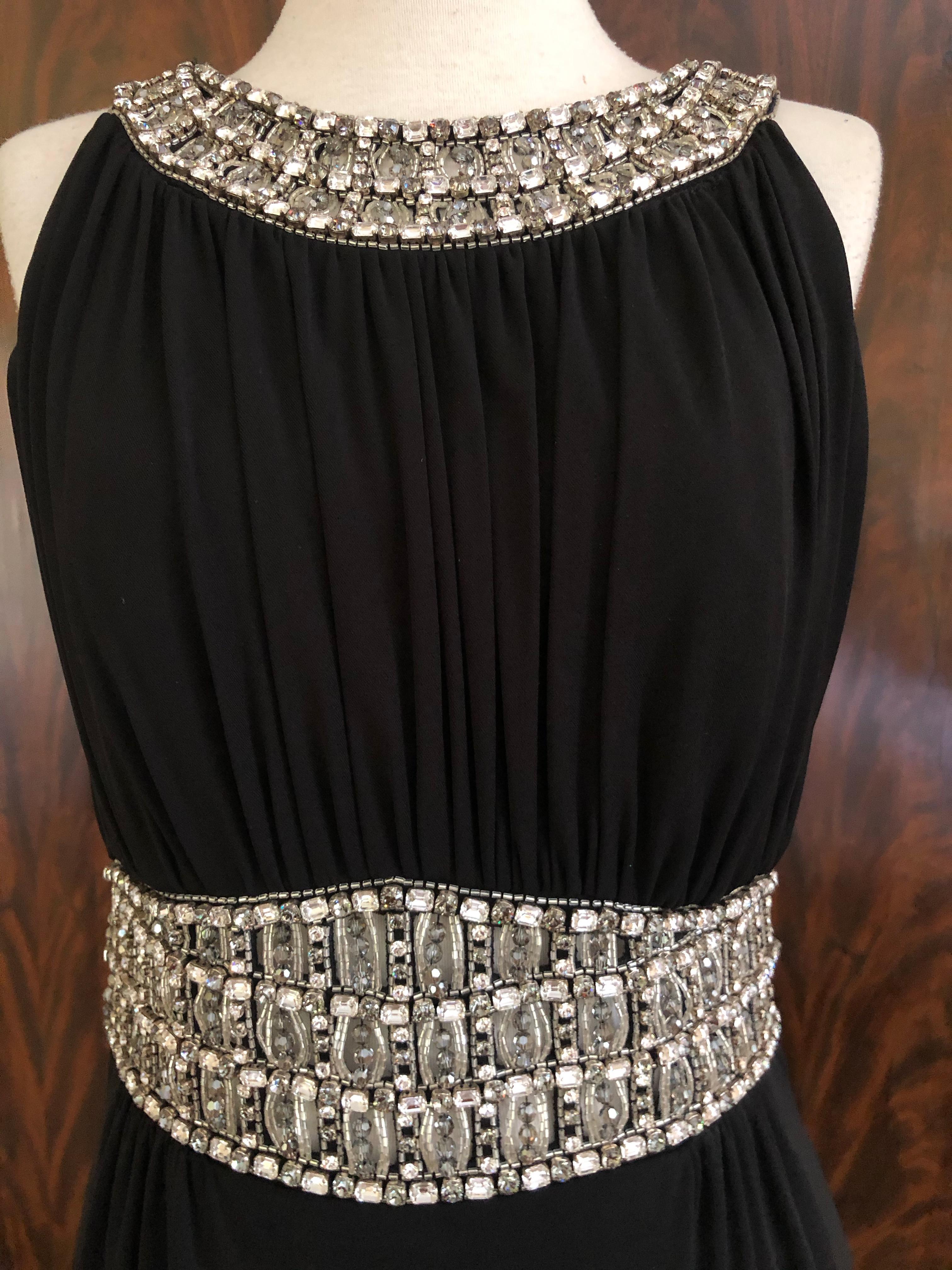 Azzaro Pleated Black Vintage Evening Dress with Jeweled Collar and Belt For Sale 5