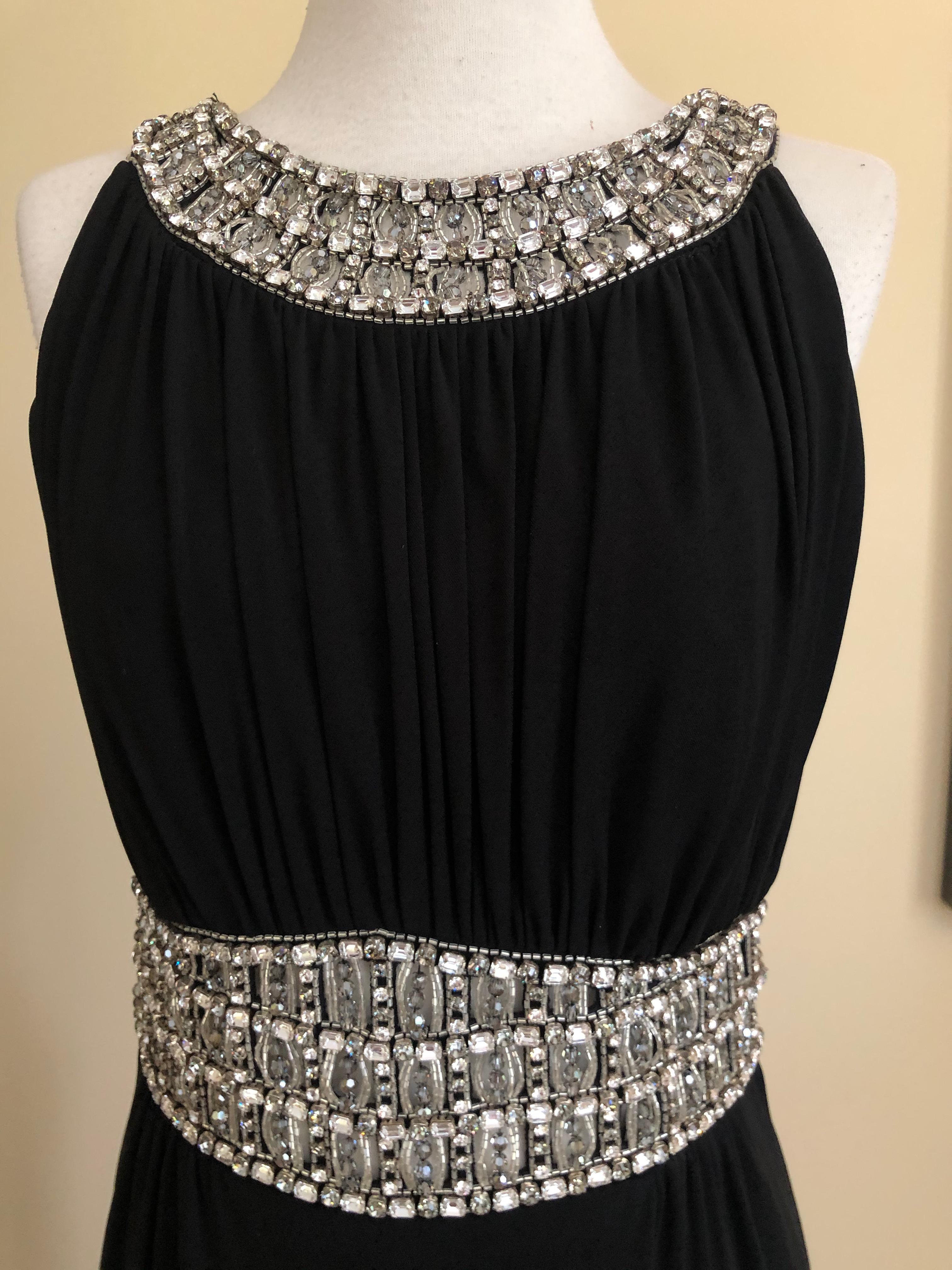 Azzaro Pleated Black Vintage Evening Dress with Jeweled Collar and Belt In Excellent Condition For Sale In Cloverdale, CA