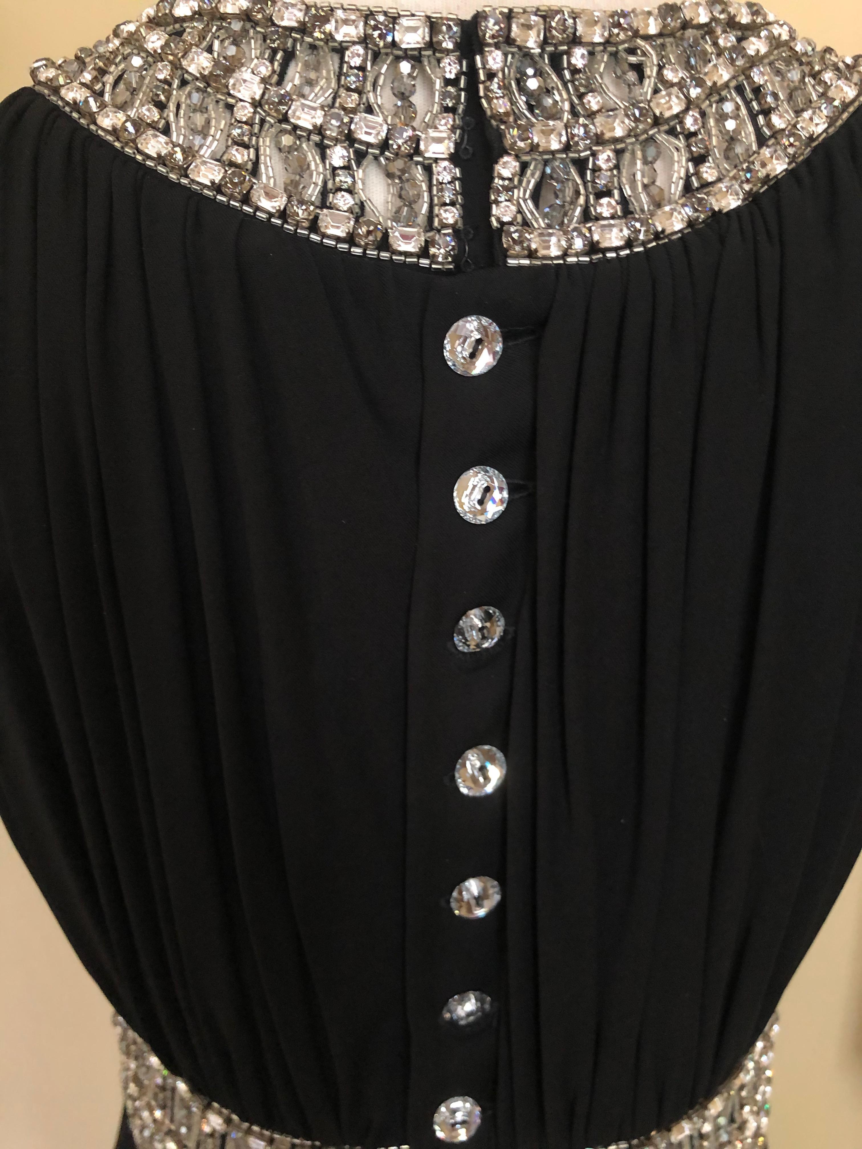 Azzaro Pleated Black Vintage Evening Dress with Jeweled Collar and Belt For Sale 1