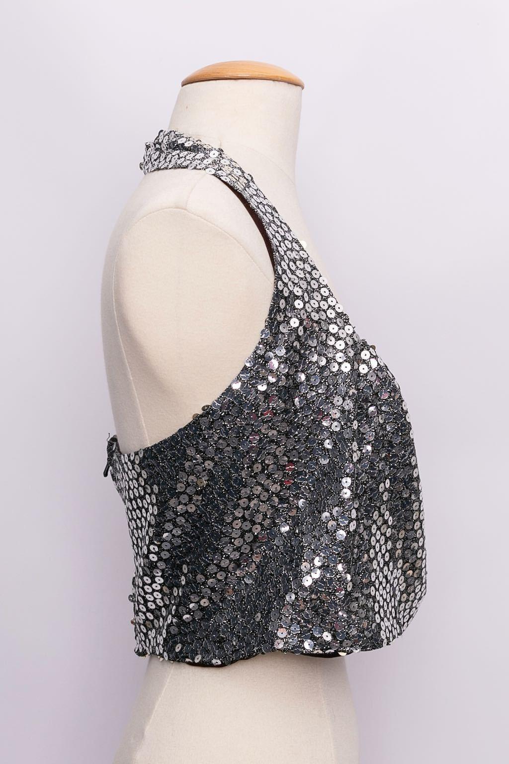 AZZARO - Top corto in poliammide, fili di lurex e paillettes.

Condizioni:
Ottime condizioni

Misure:
Petto: 42 cm (16,54 in) - Lunghezza: 46 cm (18,11 in)

SKU:FH176