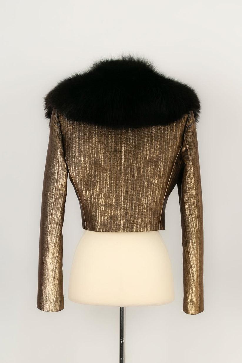 Azzaro Short Jacket in Gold with Fox Collar In Excellent Condition For Sale In SAINT-OUEN-SUR-SEINE, FR