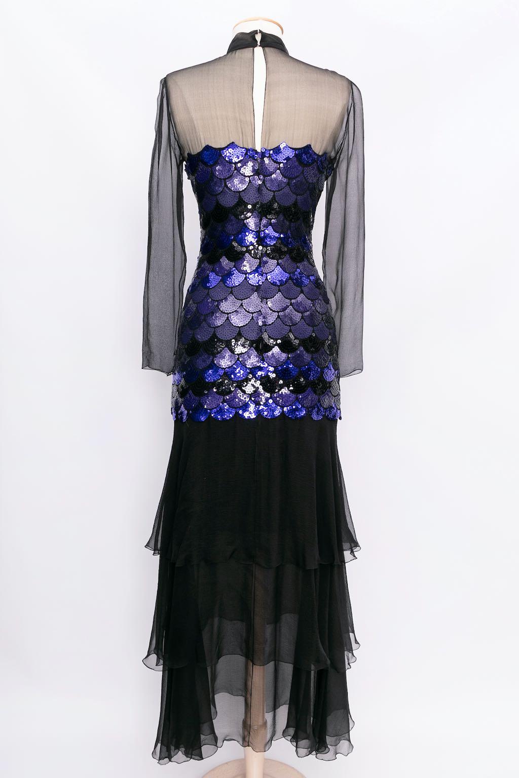 Black Azzaro Silk Chiffon Sequined Dress, Size 36FR For Sale