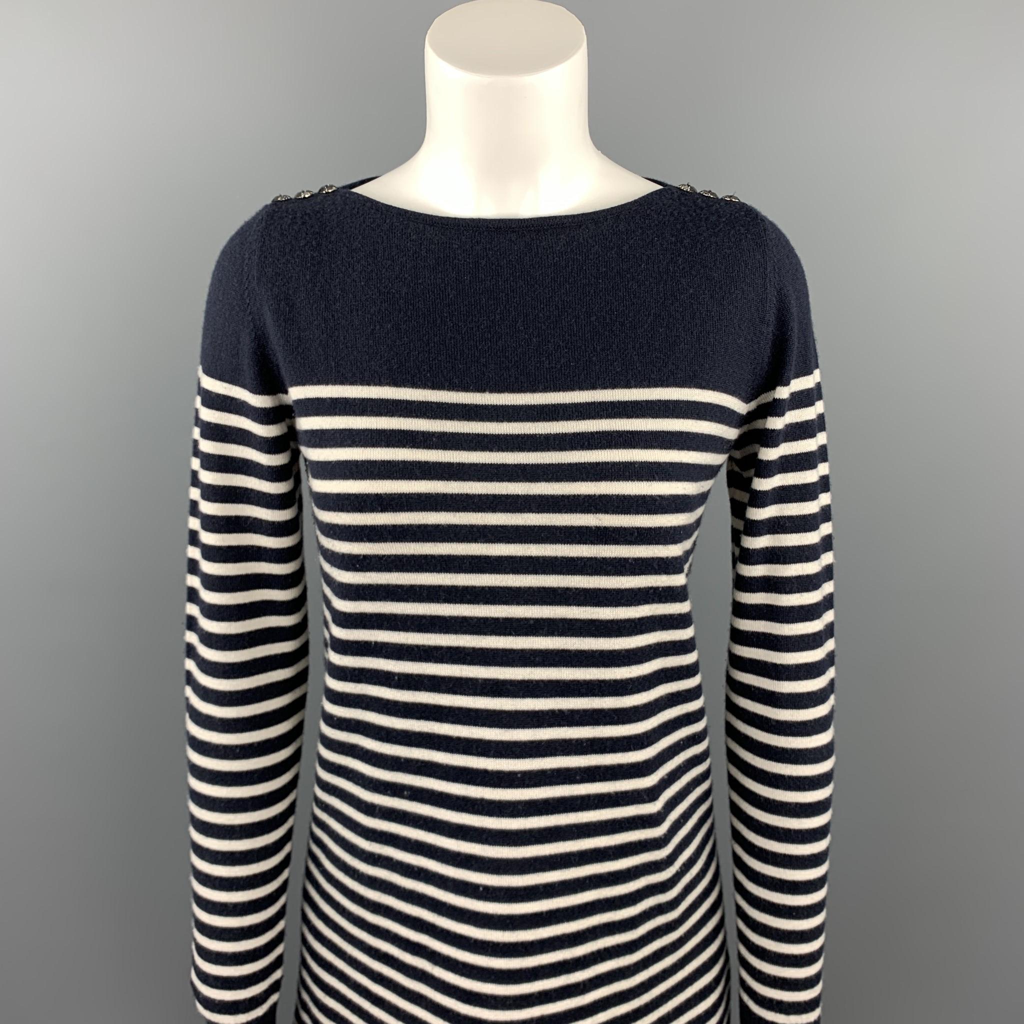AZZARO sweater dress comes in a navy & white stripe cashmere / silk featuring mirrored button details, ribbed hem, and a loose neck. Made in Italy.

Very Good Pre-Owned Condition.
Marked: FR 40

Measurements:

Shoulder: 14 in.
Bust: 34 in. 
Sleeve: