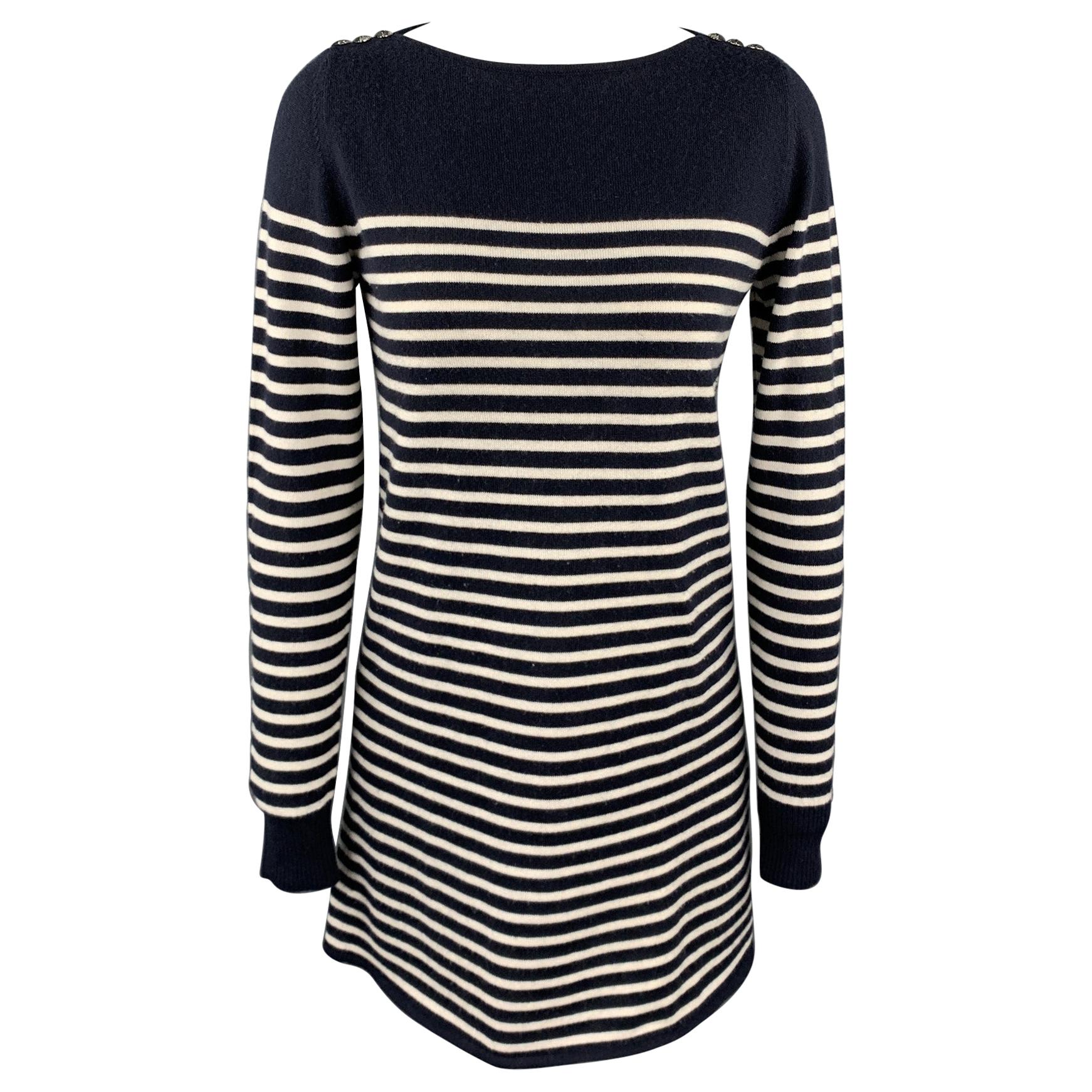AZZARO Size 8 Navy & White Stripe Cashmere / Silk Sweater Dress