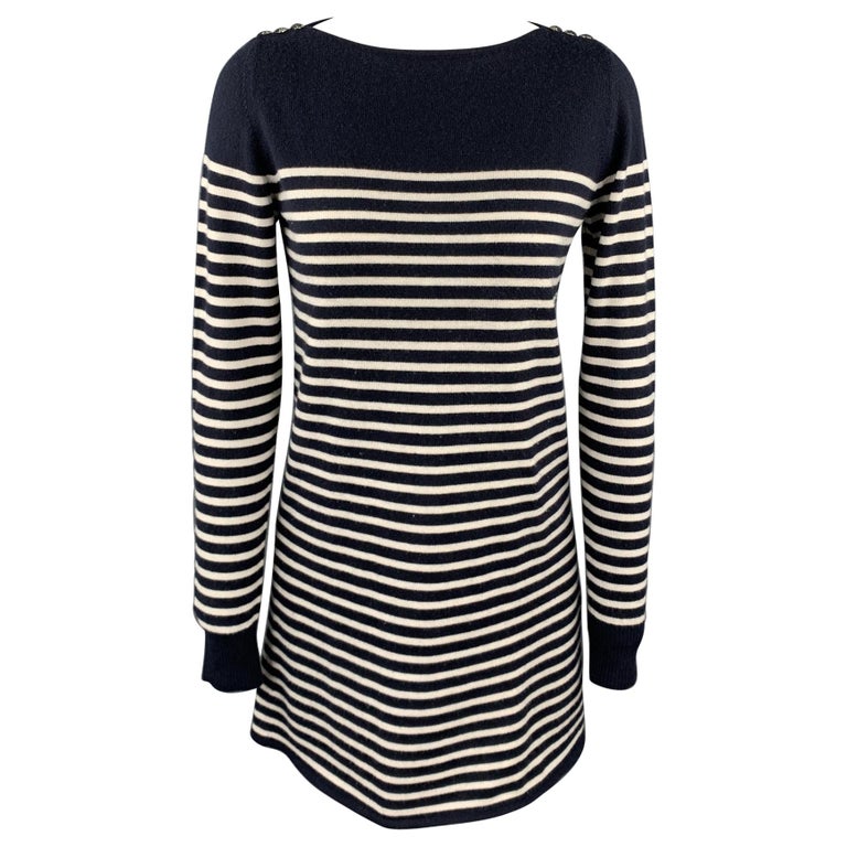 AZZARO Size 8 Navy and White Stripe Cashmere / Silk Sweater Dress For Sale  at 1stDibs