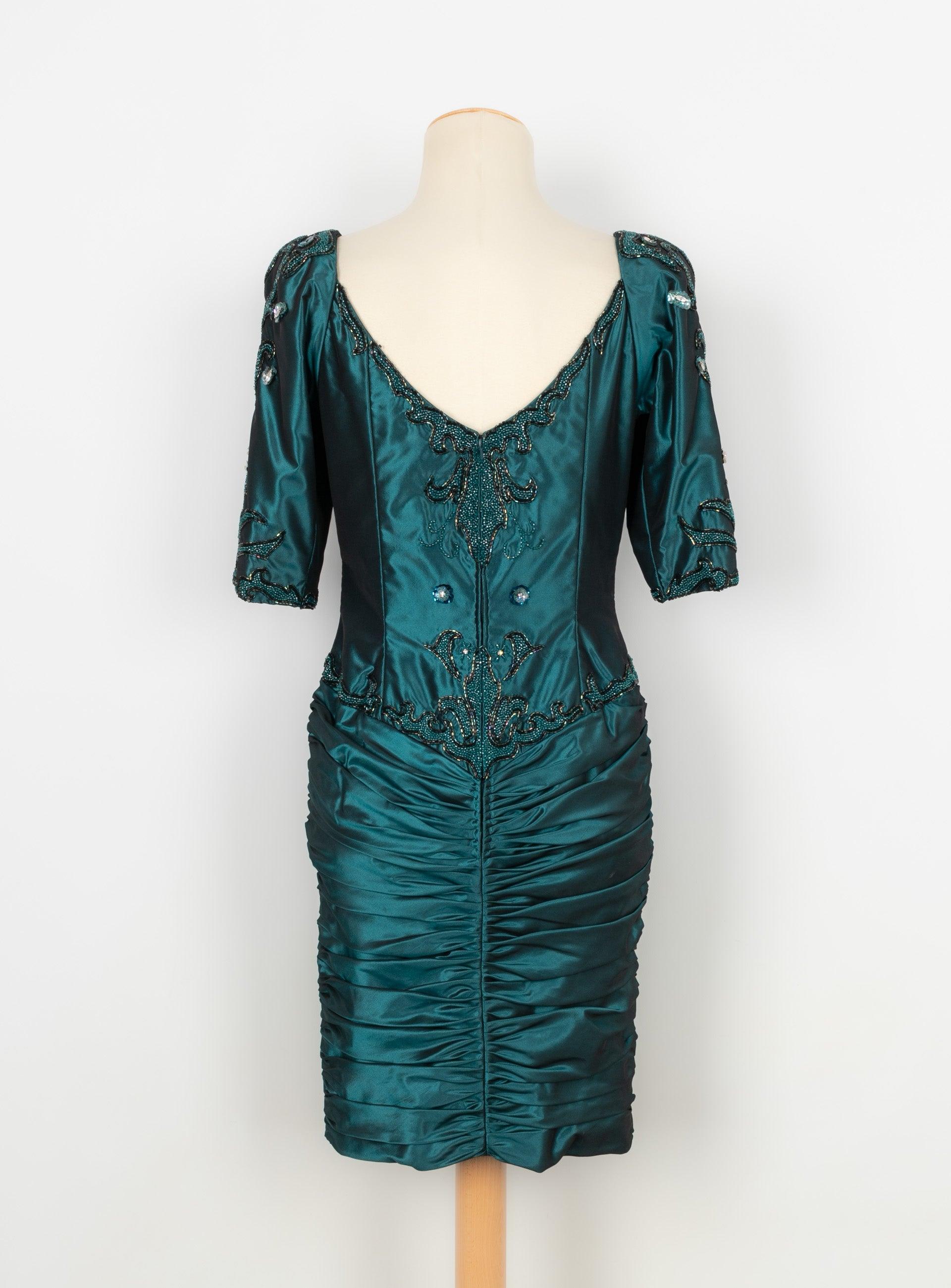 Blue Azzaro Taffeta Evening Dress Sewn with Pearls and Rhinestones For Sale