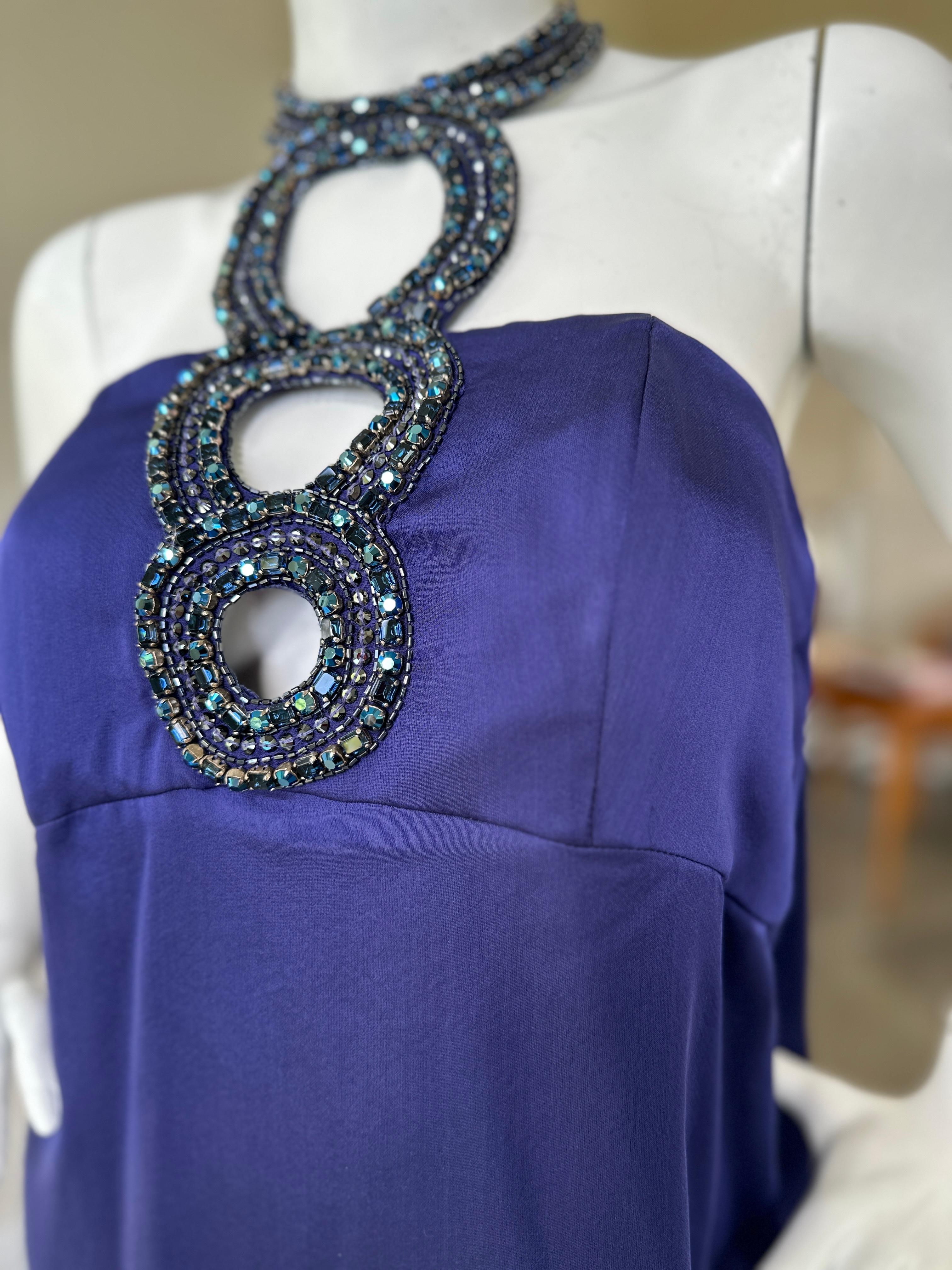 Azzaro - Robe de cocktail en soie bleue vintage avec trou de serrure orné de bijoux en vente 1