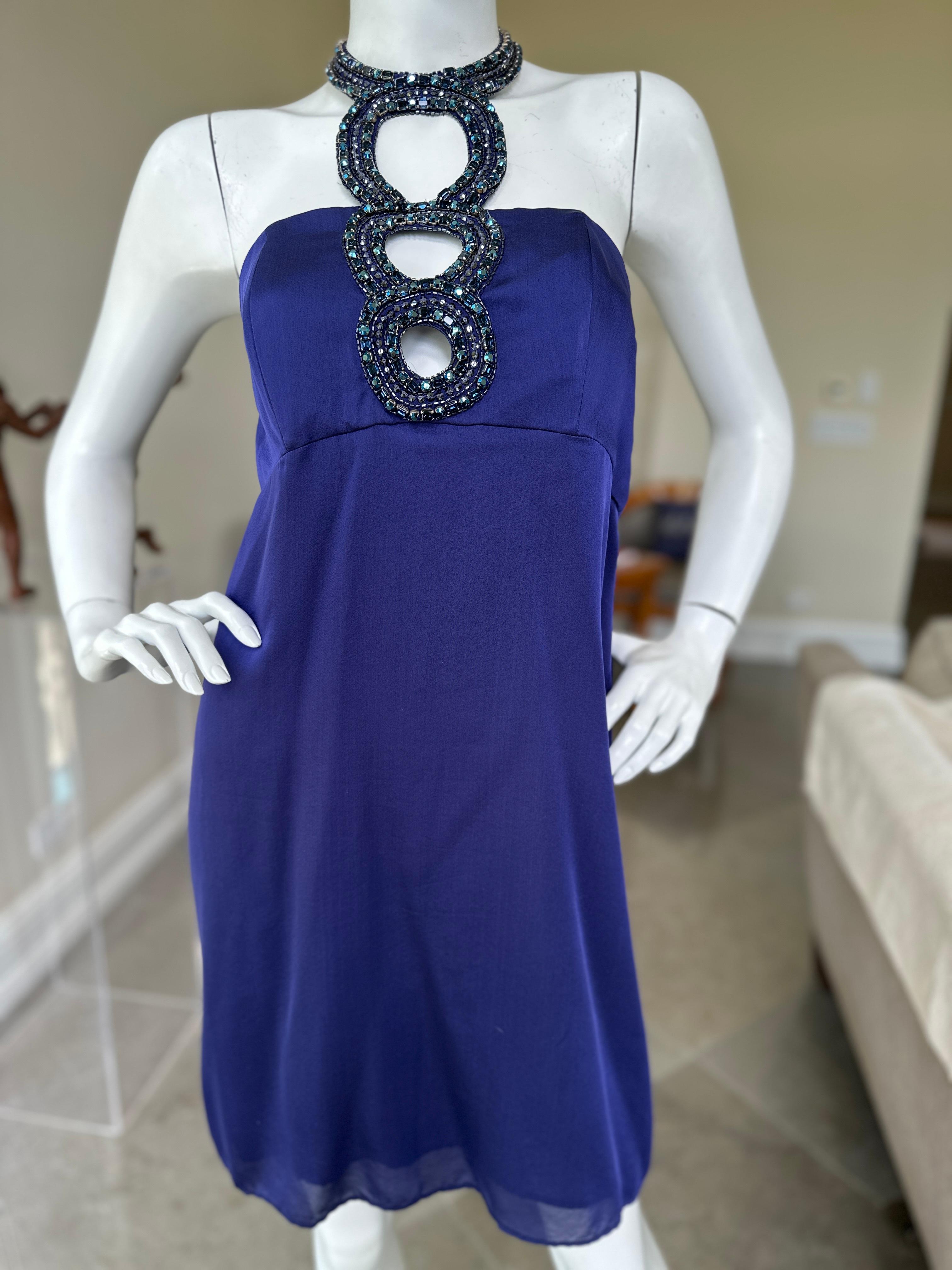 Azzaro - Robe de cocktail en soie bleue vintage avec trou de serrure orné de bijoux en vente 4