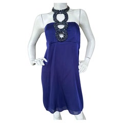 Azzaro Vintage Blue Silk Cocktail Dress with Jeweled Keyhole