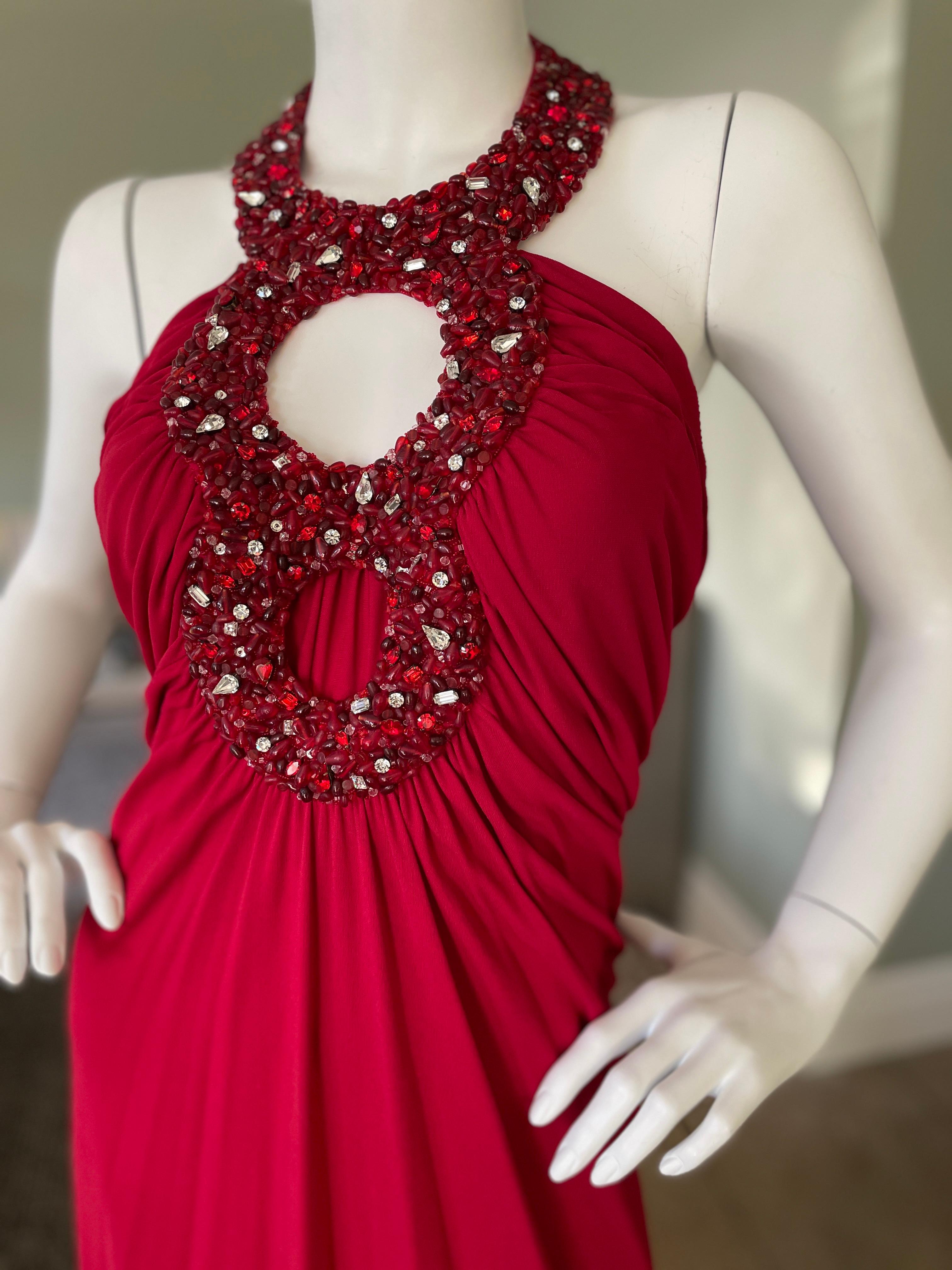 Azzaro Vintage Red Cocktail Dress with Jeweled Keyhole In Excellent Condition For Sale In Cloverdale, CA