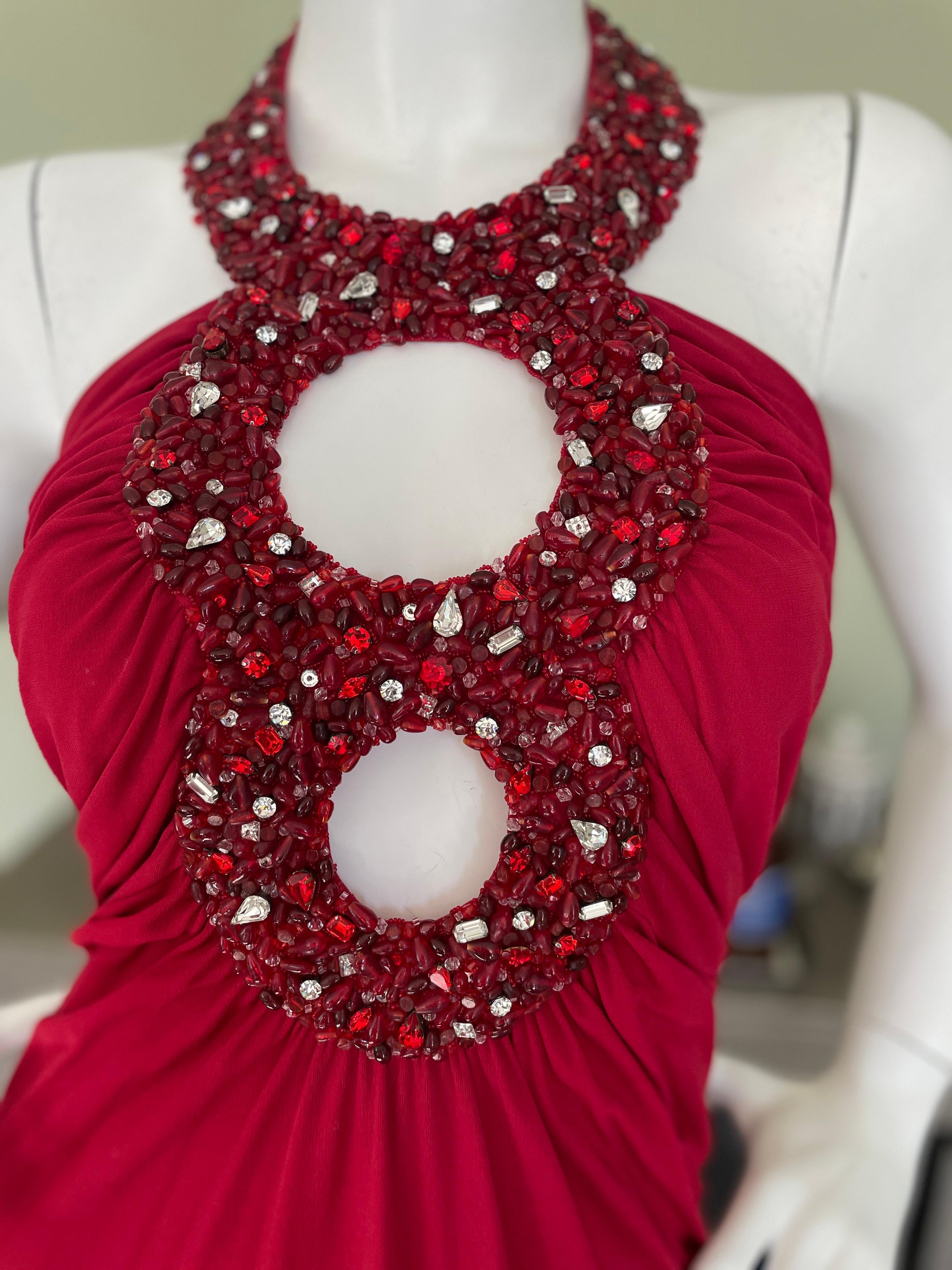 Azzaro Vintage Red Cocktail Dress with Jeweled Keyhole In Excellent Condition For Sale In Cloverdale, CA