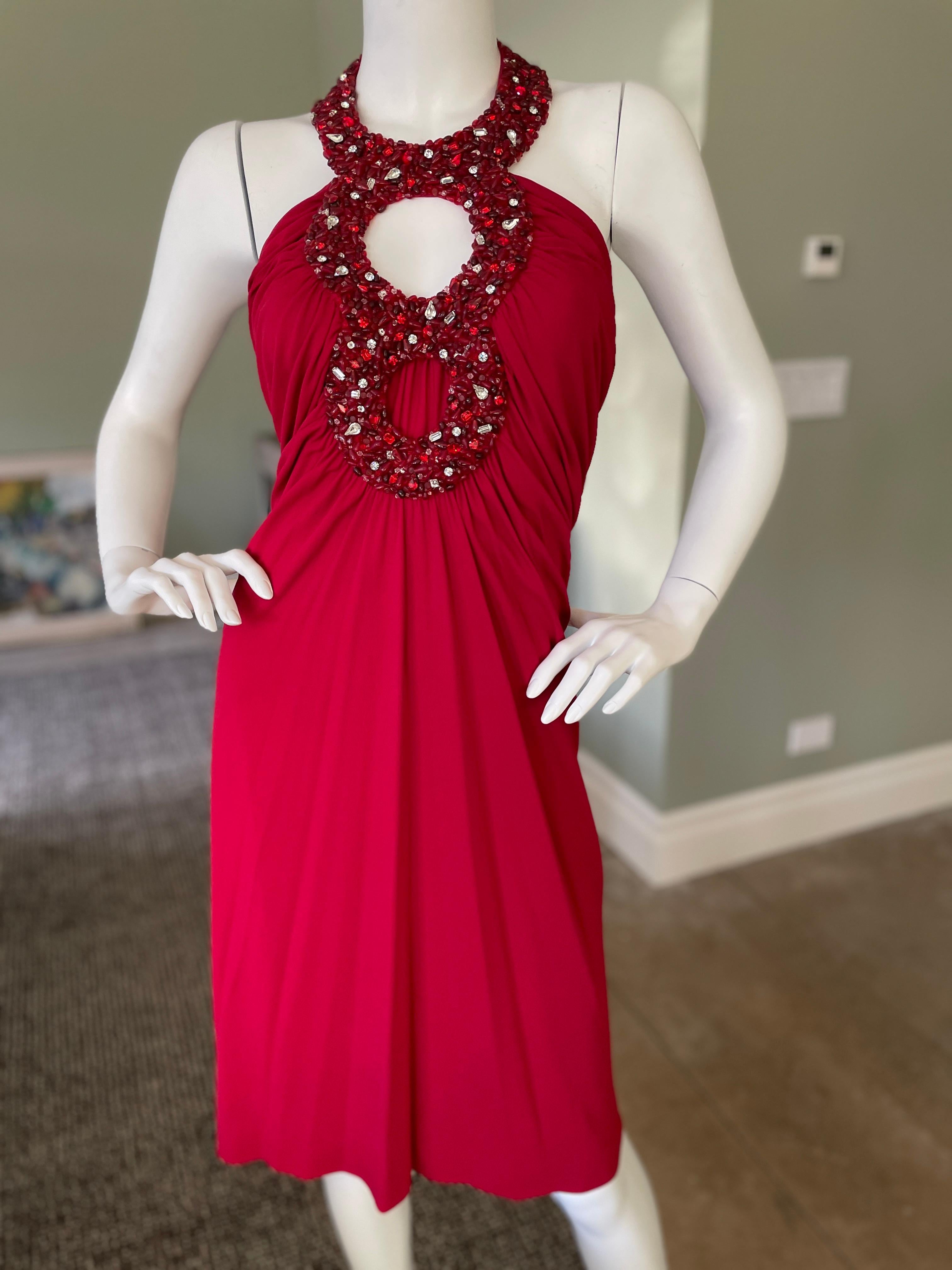 Azzaro Vintage Red Cocktail Dress with Jeweled Keyhole For Sale 1