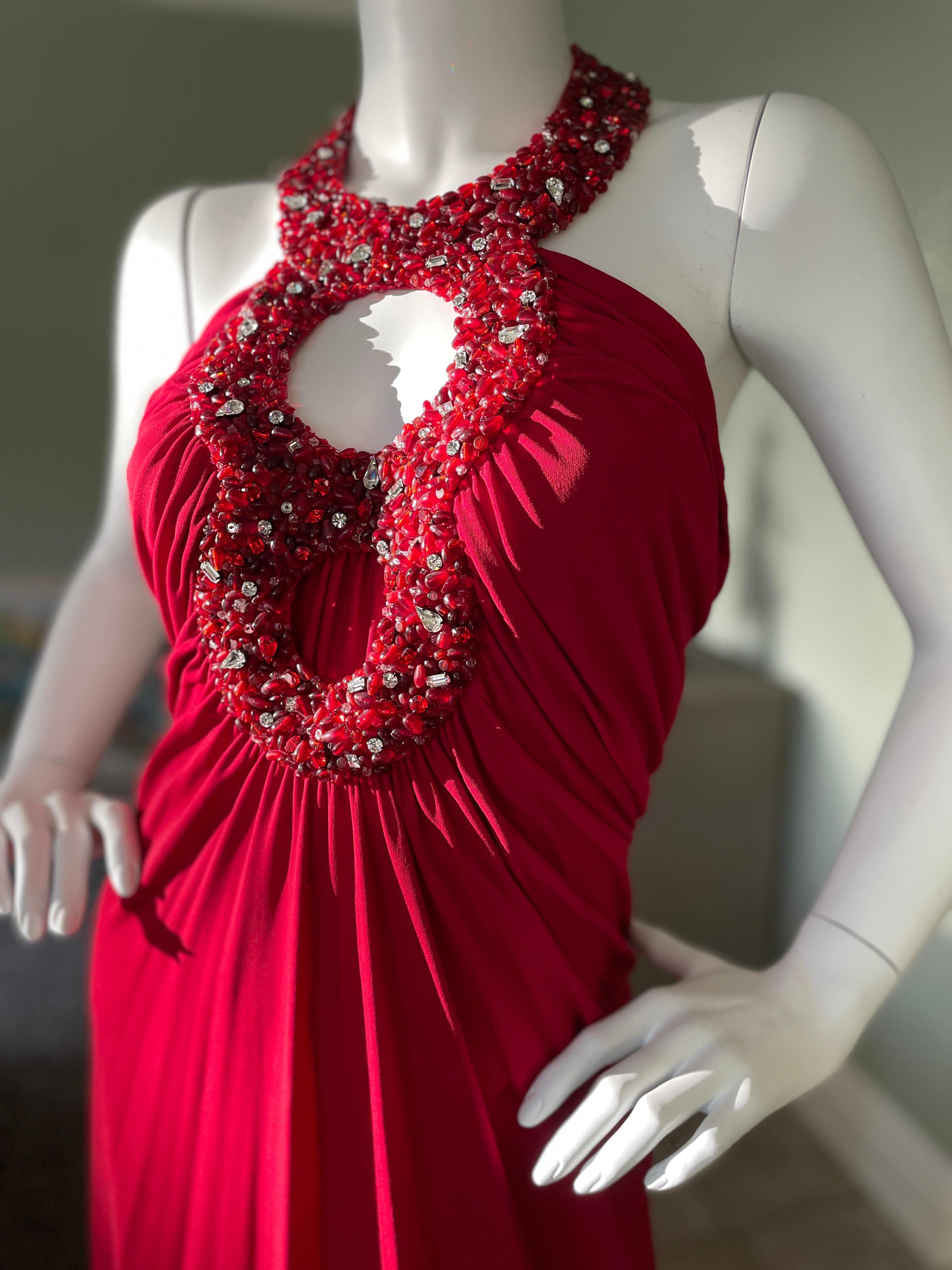 Azzaro Vintage Red Cocktail Dress with Jeweled Keyhole For Sale 3