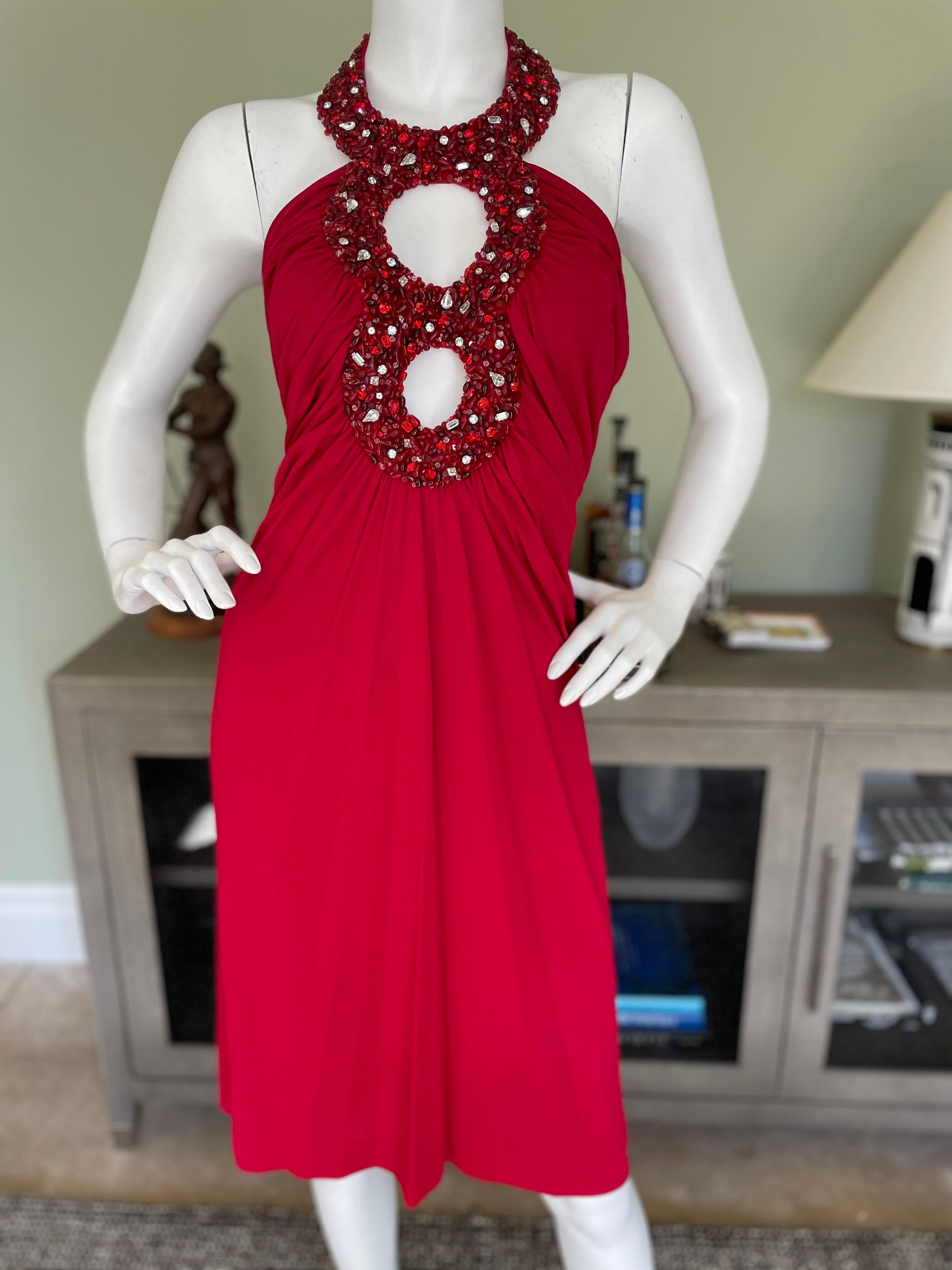 Azzaro Vintage Red Cocktail Dress with Jeweled Keyhole For Sale 4