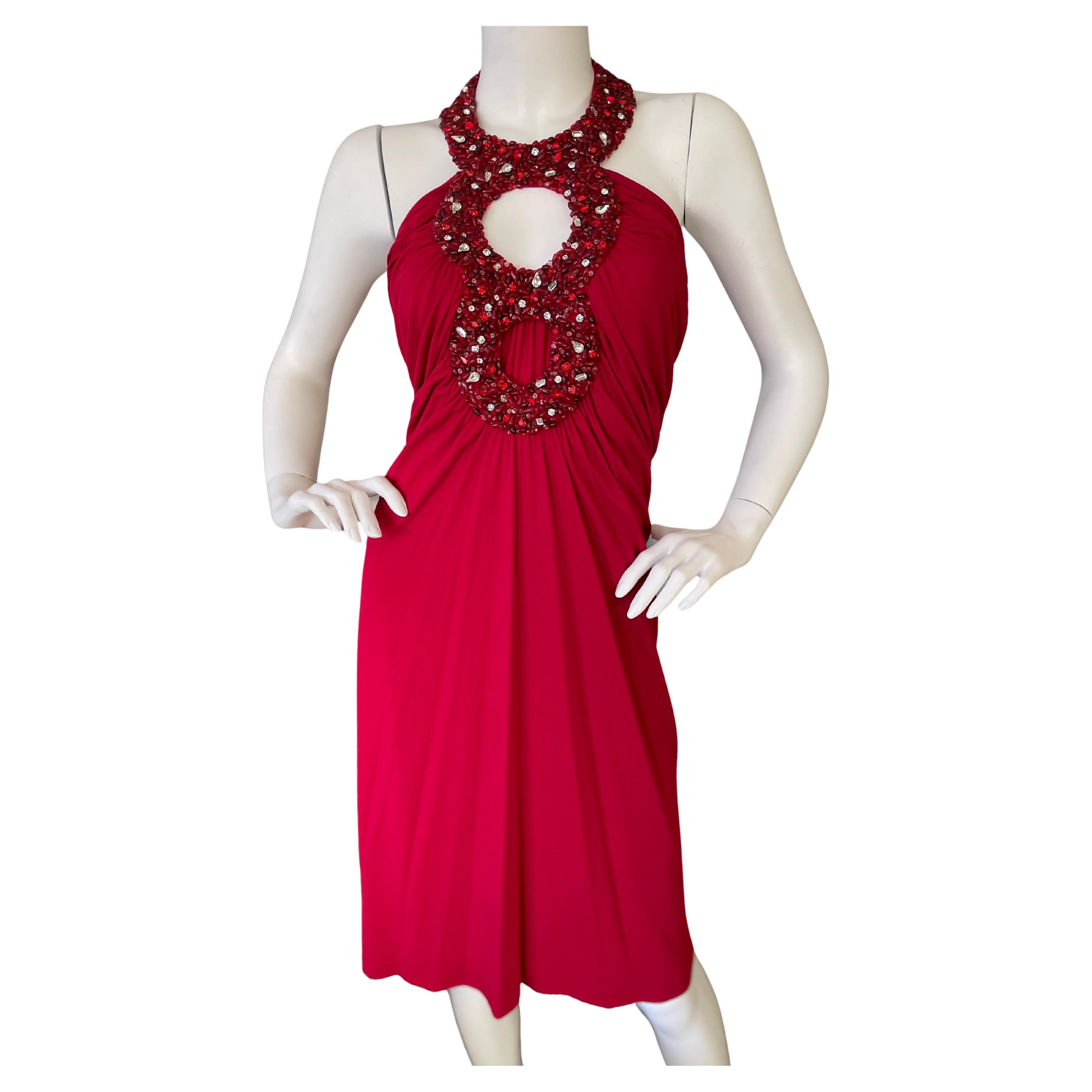 Azzaro Vintage Red Cocktail Dress with Jeweled Keyhole For Sale