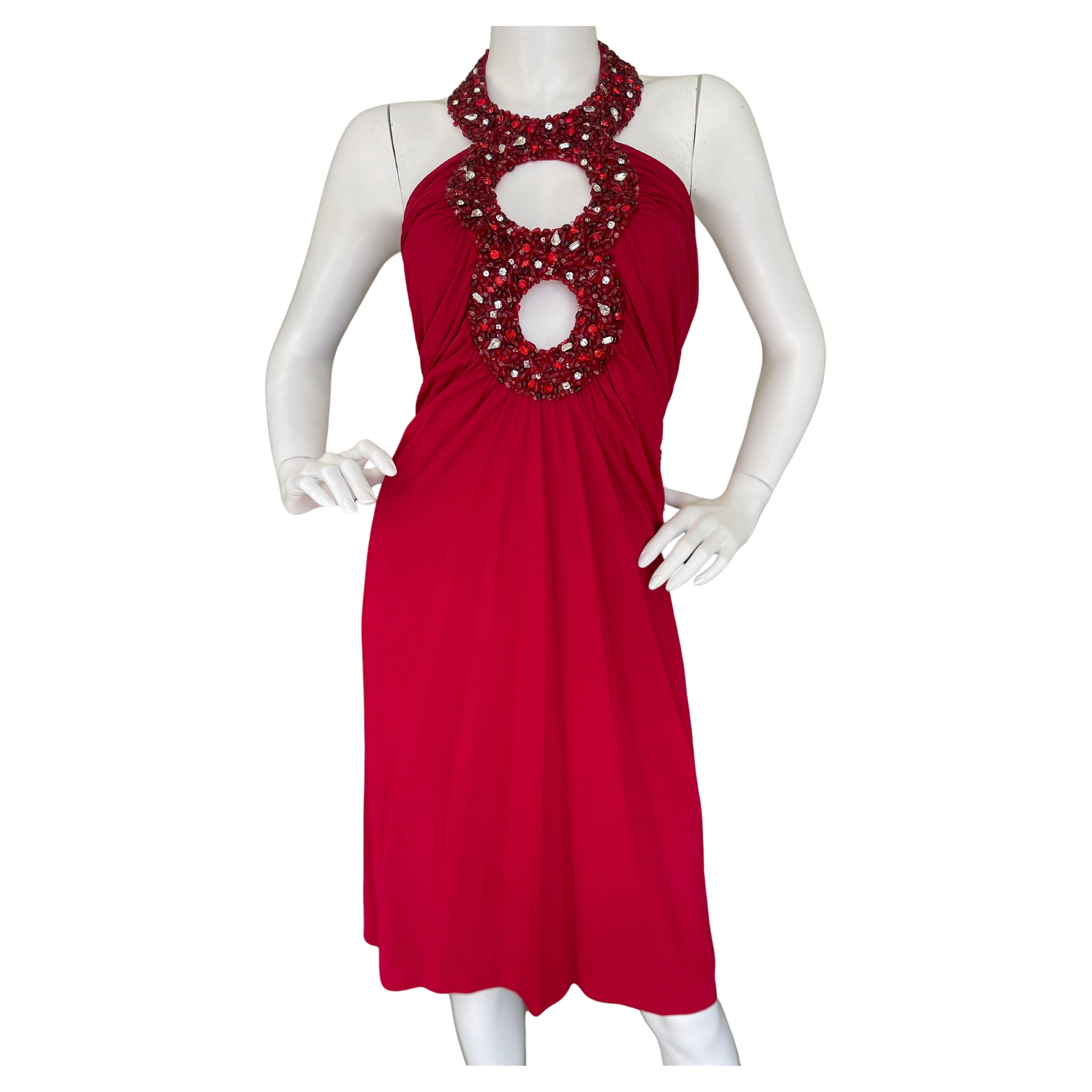 Azzaro Vintage Red Cocktail Dress with Jeweled Keyhole For Sale