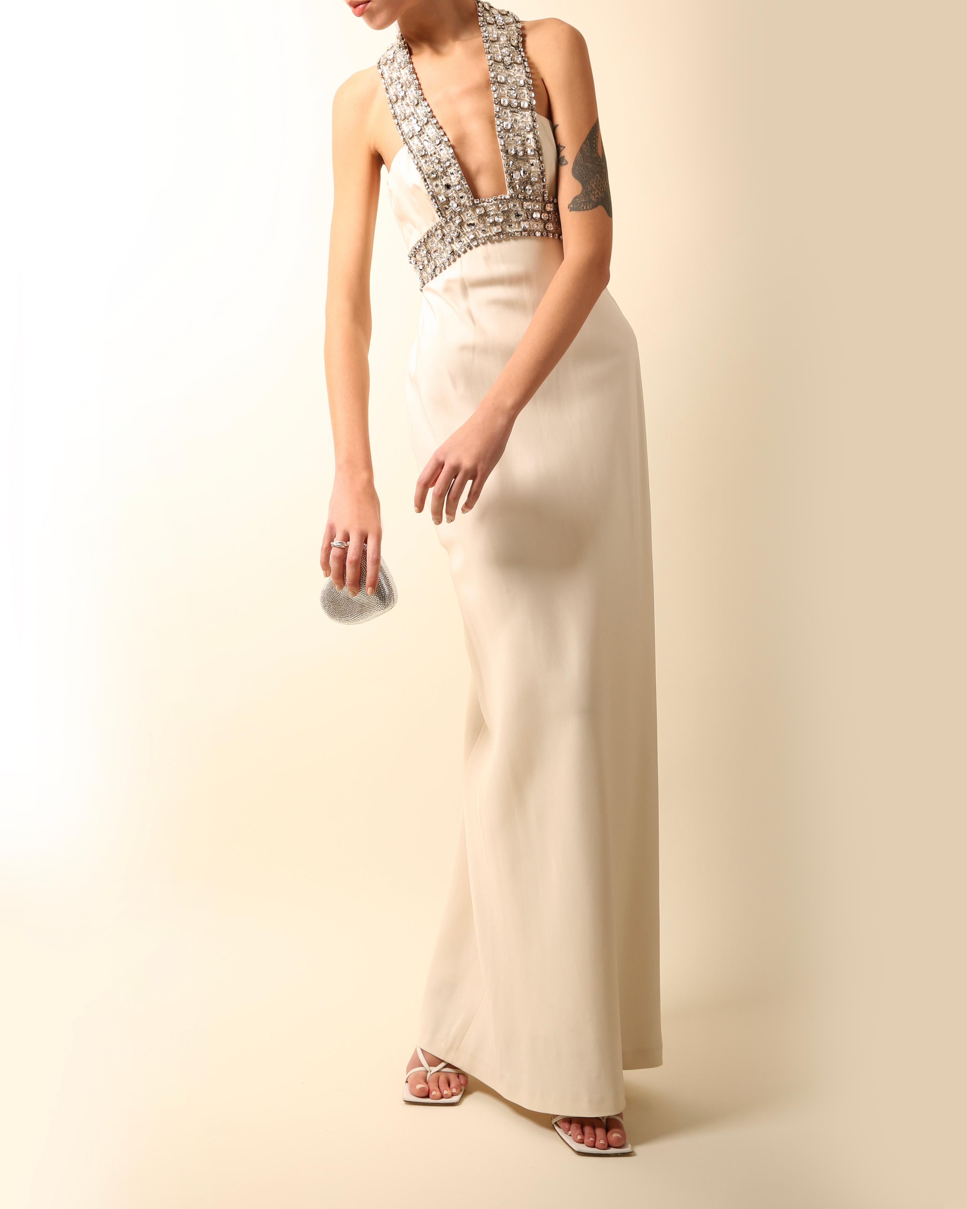 Azzaro white ivory crystal embellished low cut out halter neck dress gown 36 2