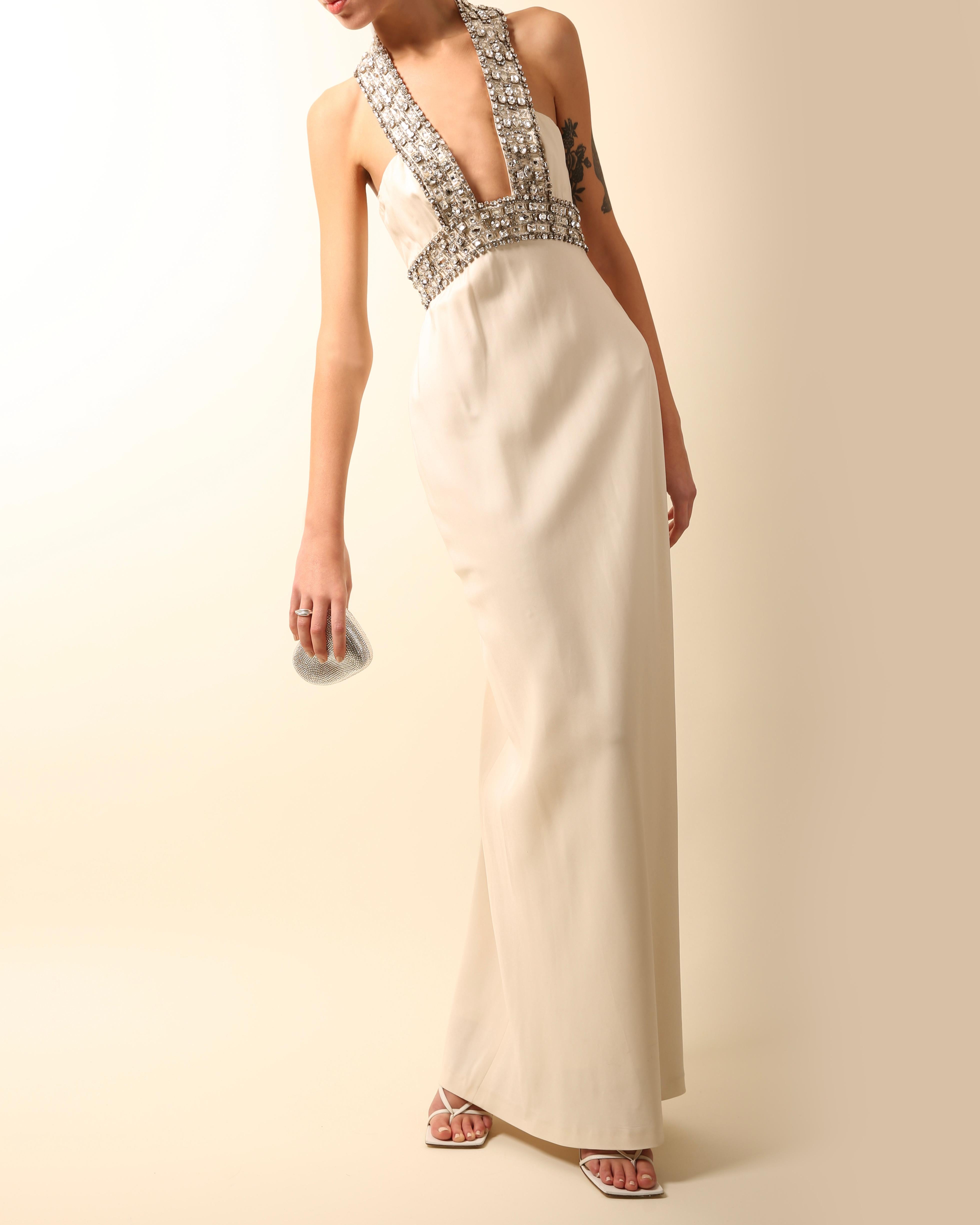 Azzaro Weißes, elfenbeinfarbenes, mit Kristallen verziertes, tief ausgeschnittenes Neckholder-Kleid Kleid 36 7