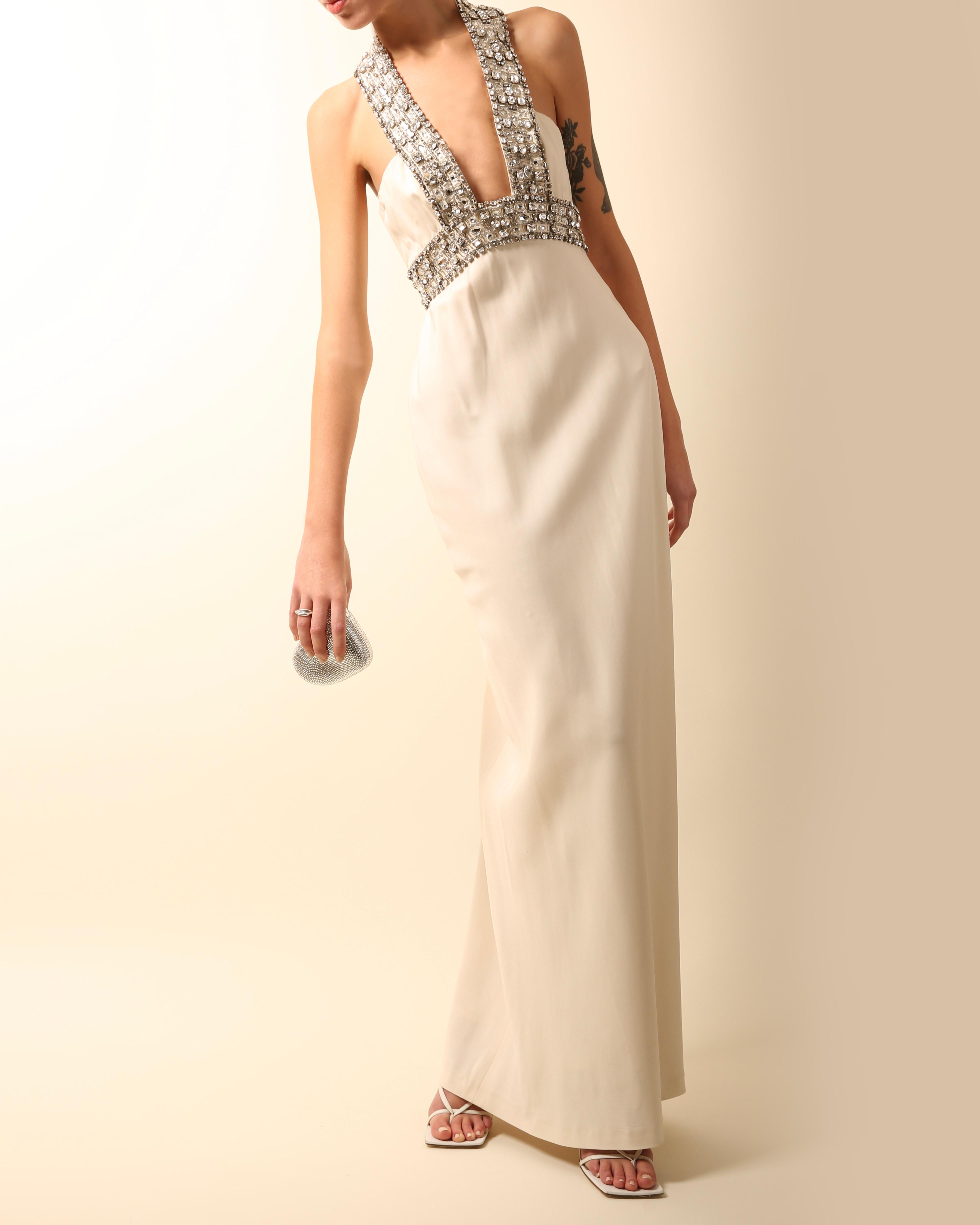 Azzaro white ivory crystal embellished low cut out halter neck dress gown 36 3