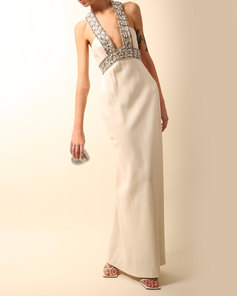 Azzaro white ivory crystal embellished low cut out halter neck dress gown 36 For Sale 6