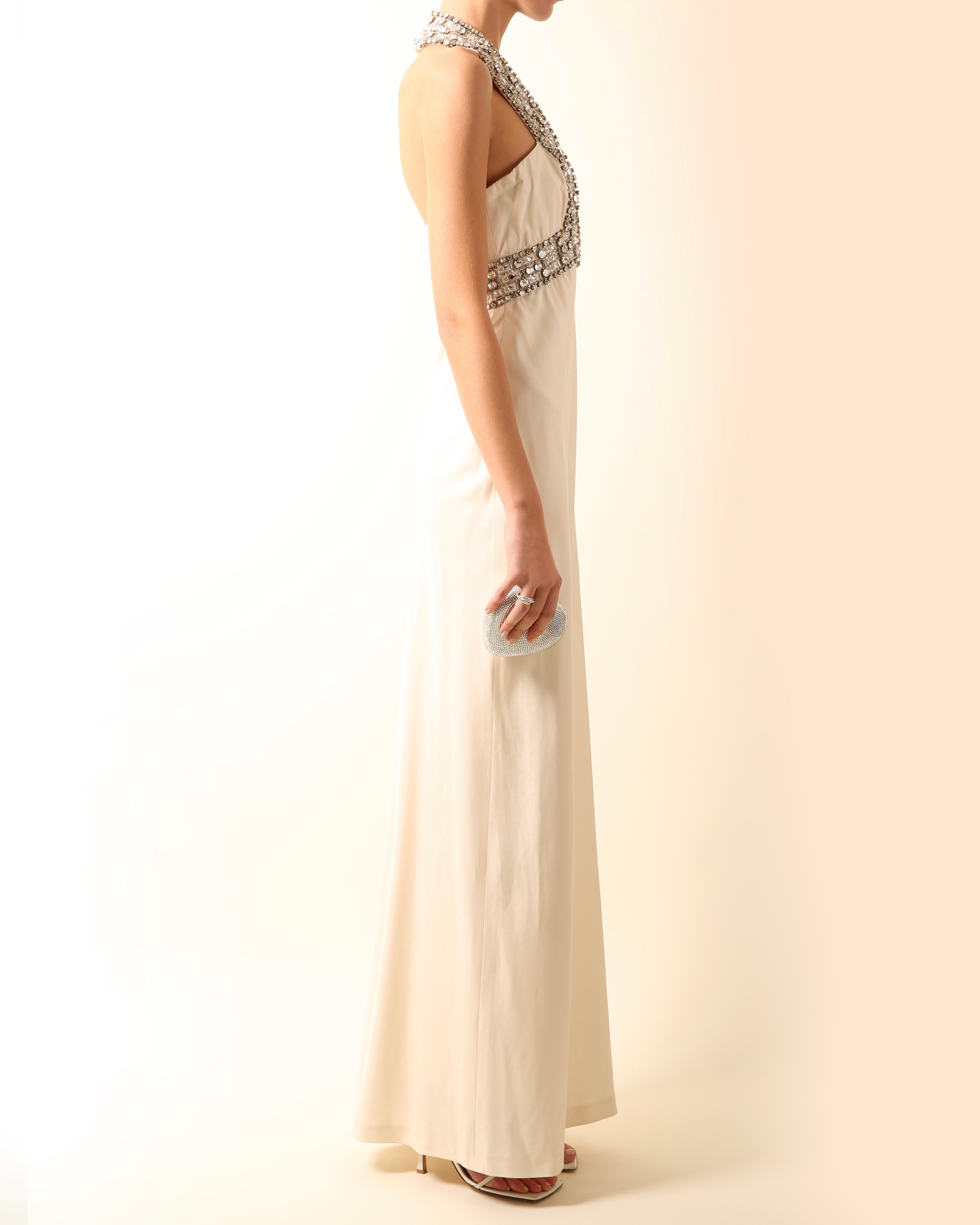 Azzaro white ivory crystal embellished low cut out halter neck dress gown 36 4