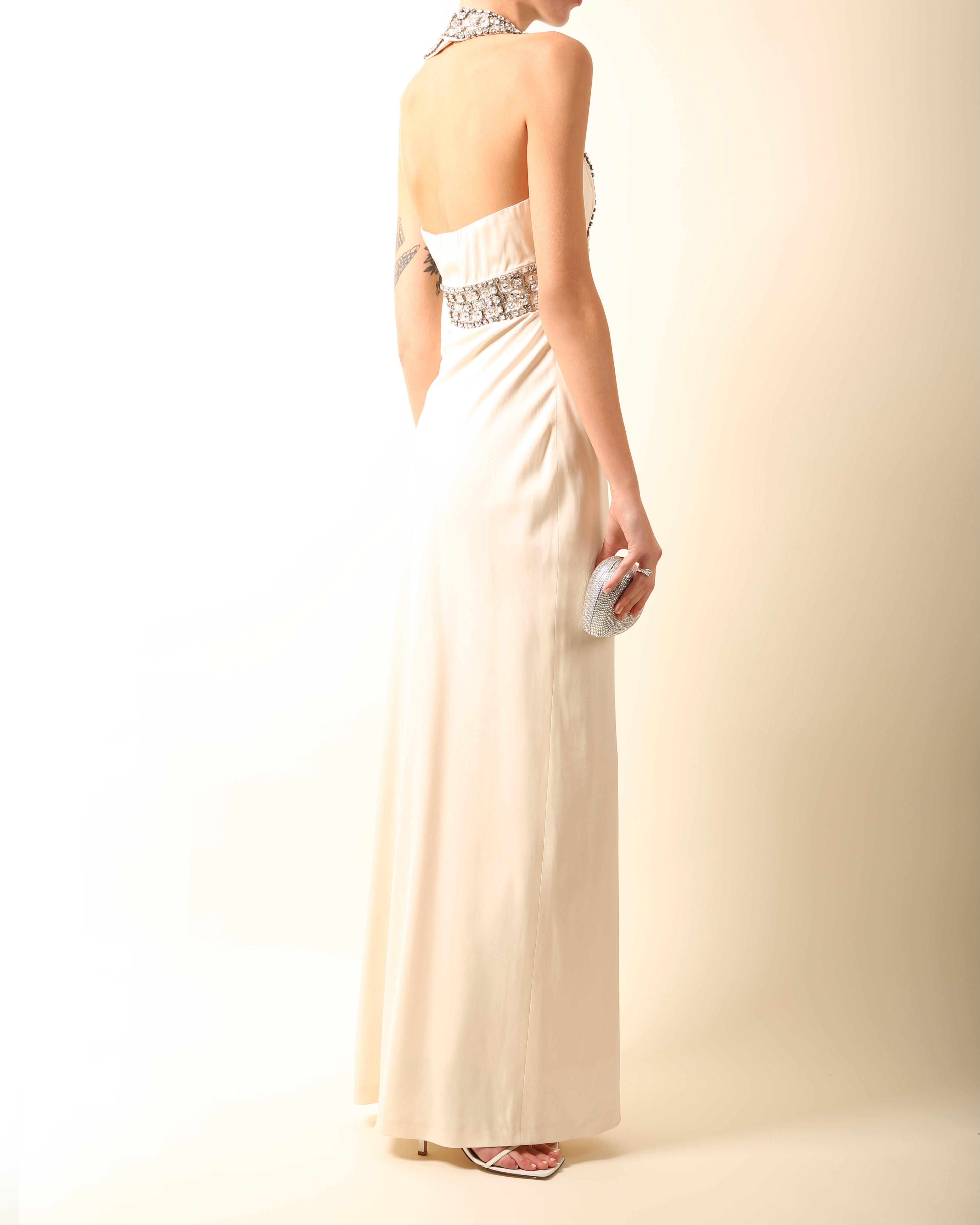 Azzaro white ivory crystal embellished low cut out halter neck dress gown 36 5