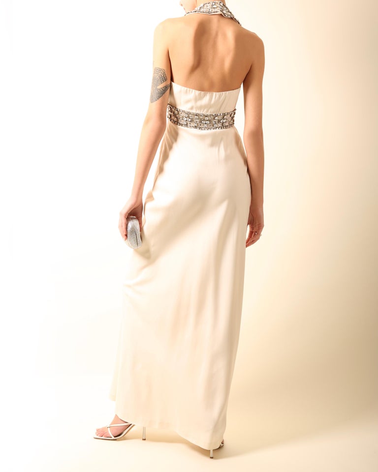 Azzaro white ivory crystal embellished low cut out halter neck dress gown 36 For Sale 9
