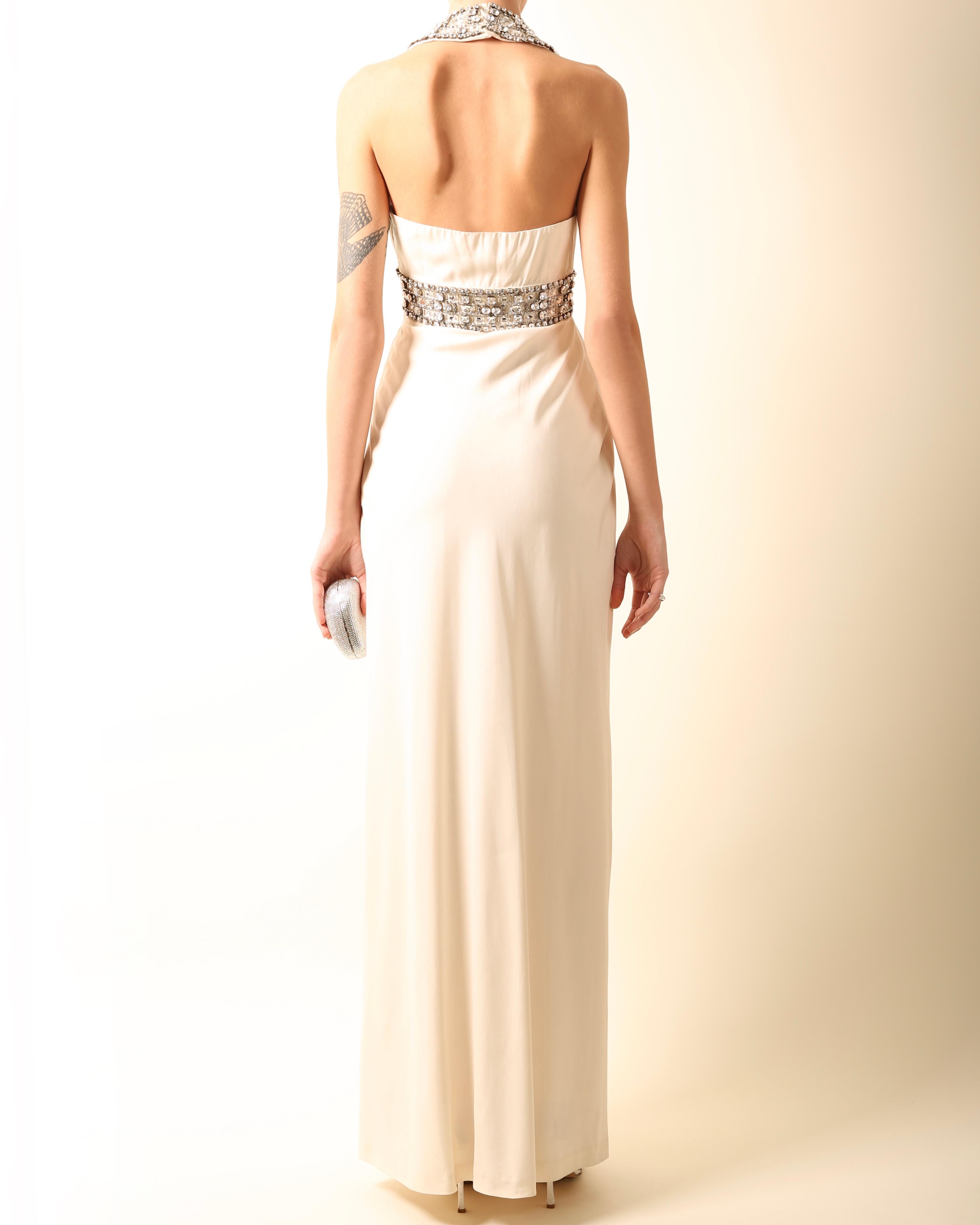 Azzaro white ivory crystal embellished low cut out halter neck dress gown 36 7