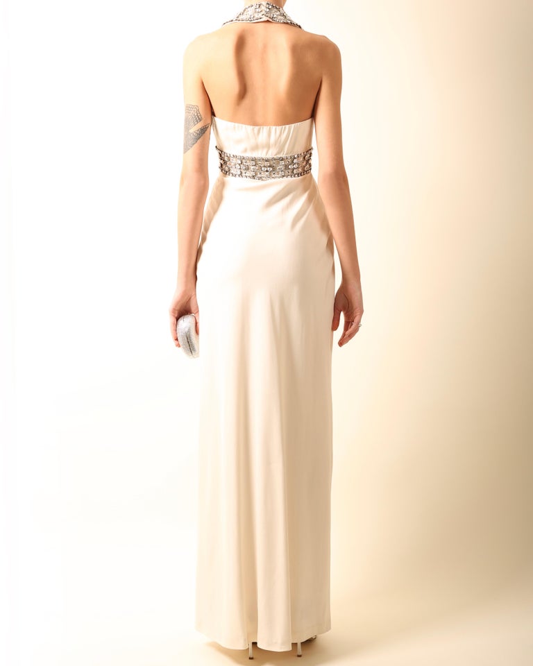 Azzaro white ivory crystal embellished low cut out halter neck dress gown 36 For Sale 10