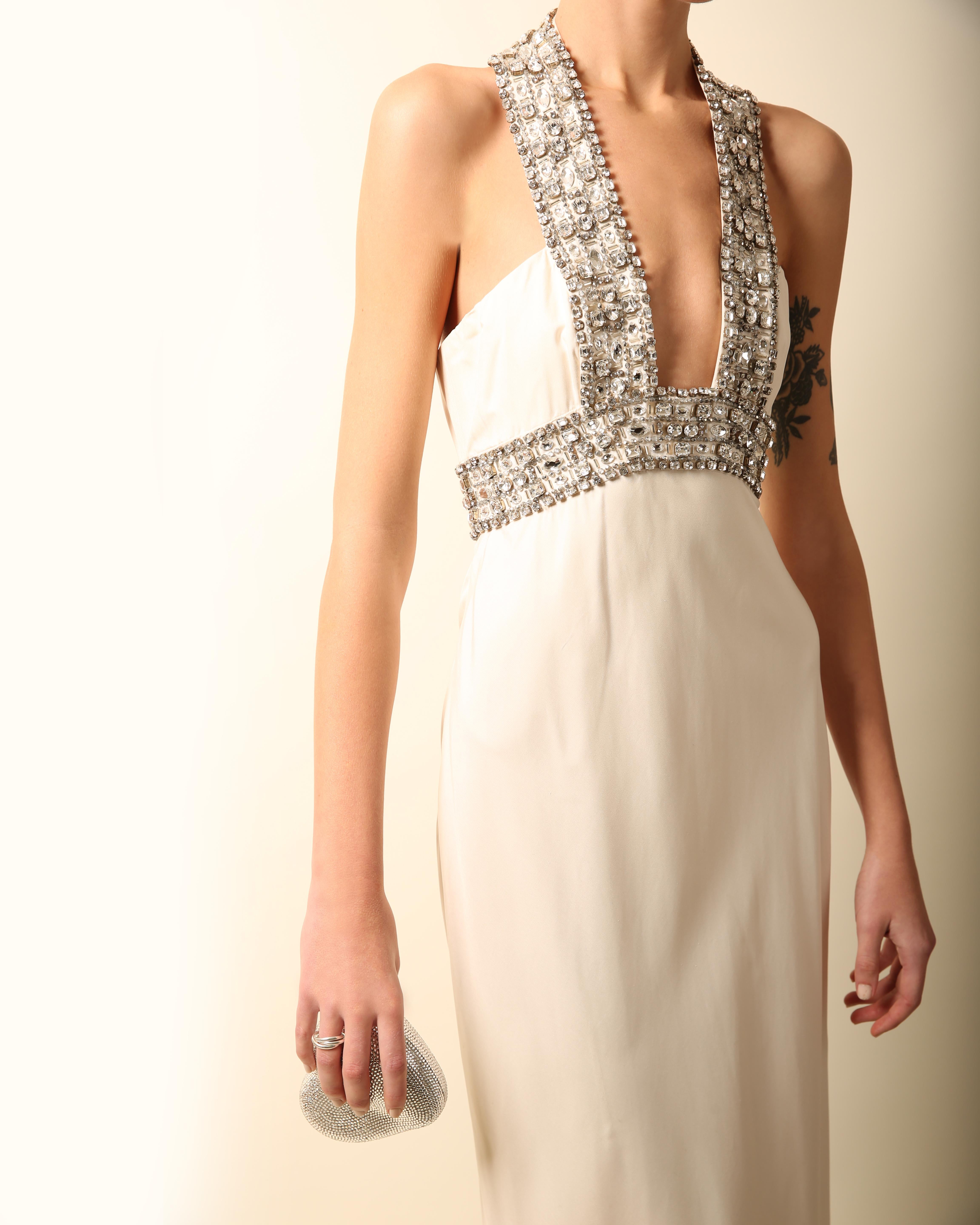 Azzaro white ivory crystal embellished low cut out halter neck dress gown 36 8