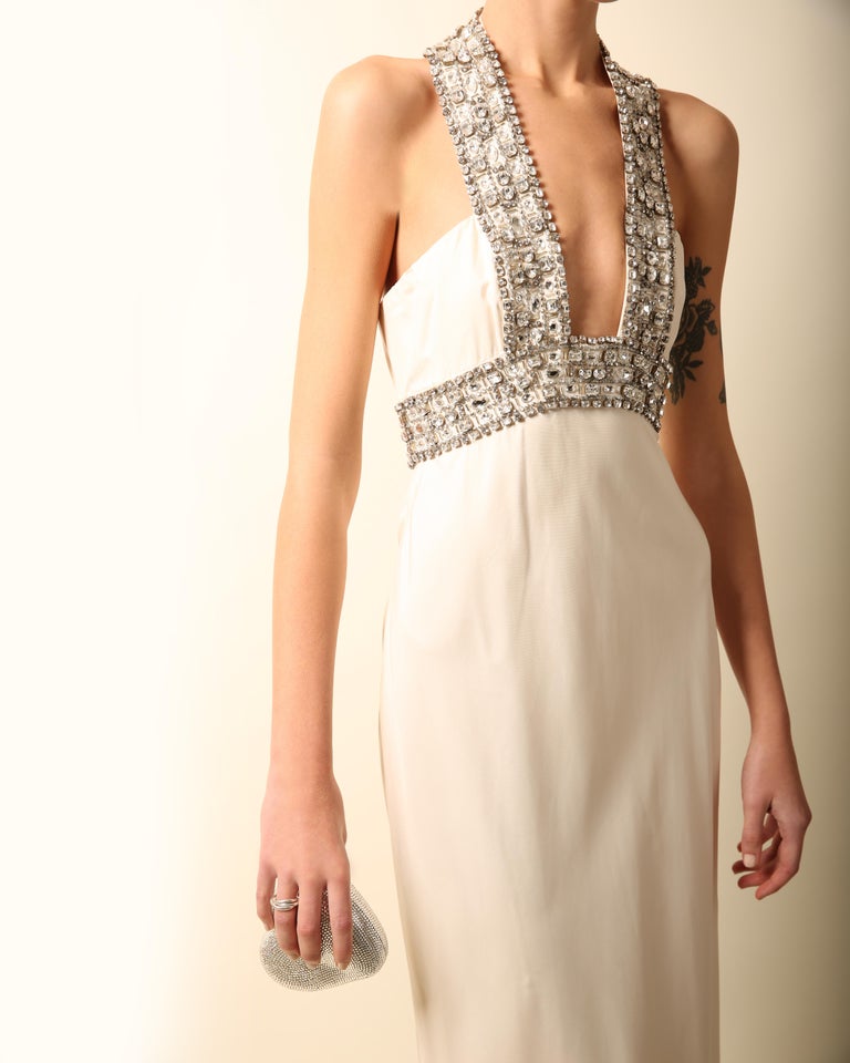 Azzaro white ivory crystal embellished low cut out halter neck dress gown 36 For Sale 11