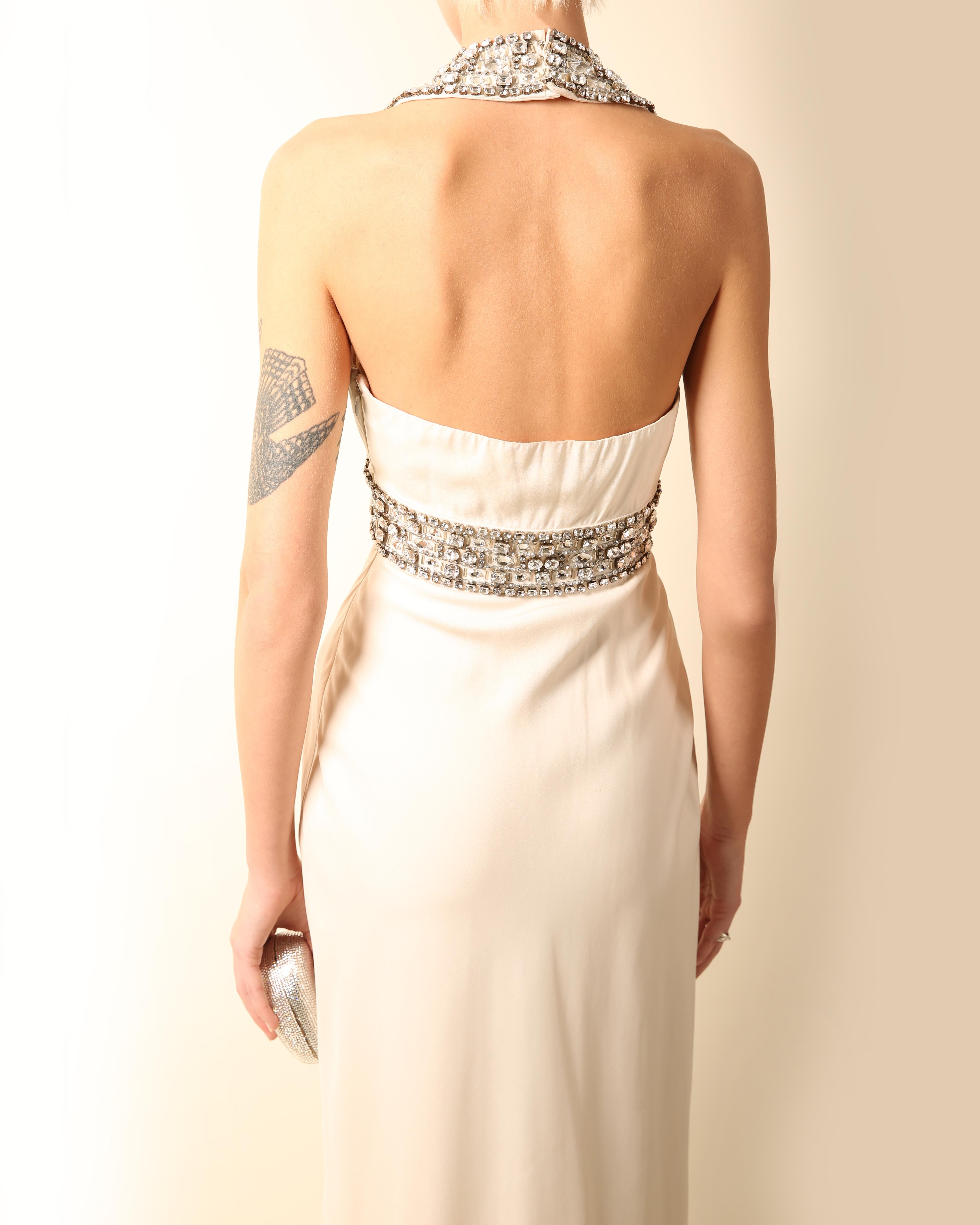 Azzaro white ivory crystal embellished low cut out halter neck dress gown 36 9