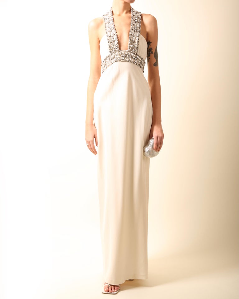 White Azzaro white ivory crystal embellished low cut out halter neck dress gown 36 For Sale