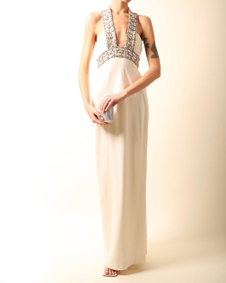 Azzaro white ivory crystal embellished low cut out halter neck dress gown 36 In Good Condition For Sale In Paris, FR