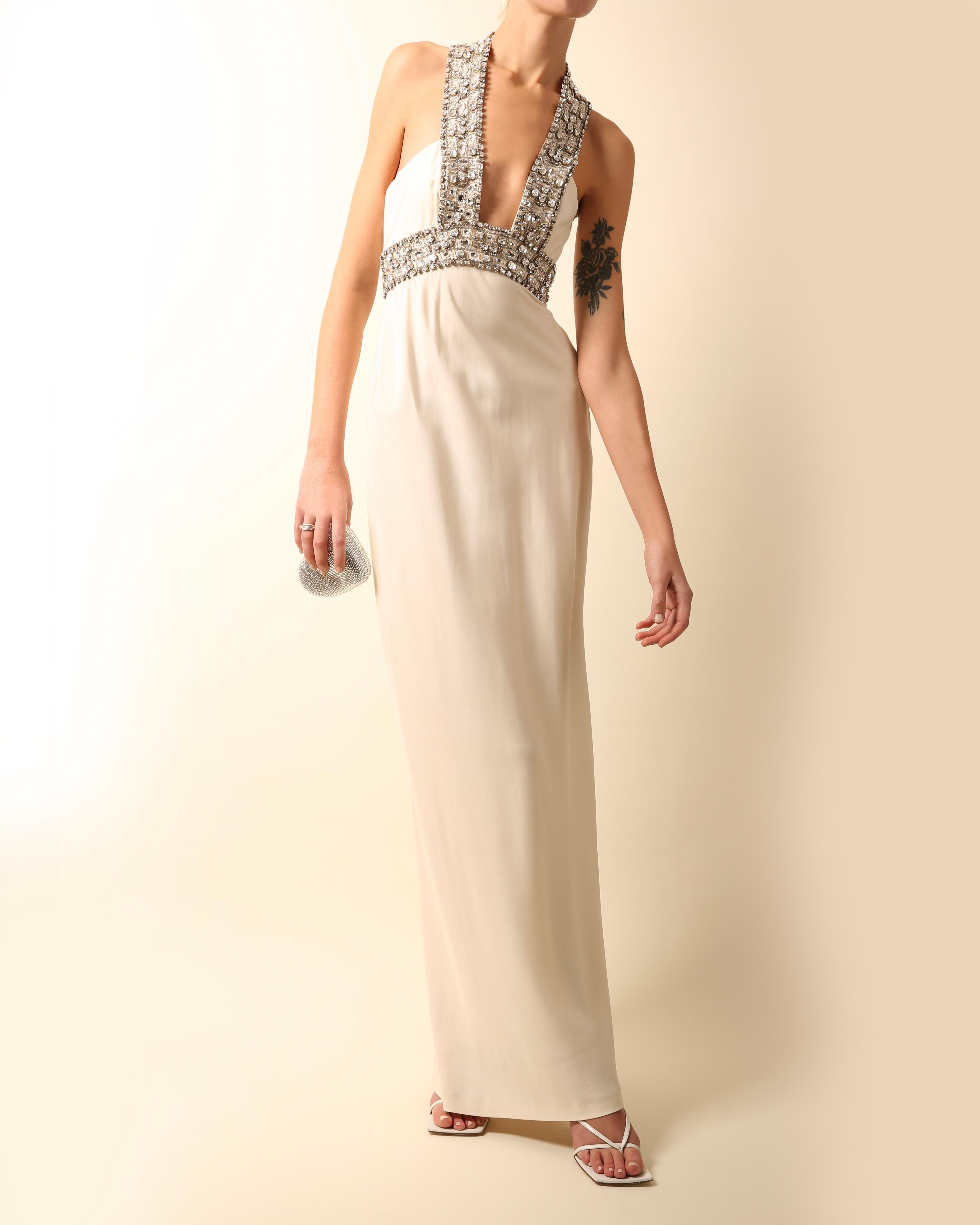 White Azzaro white ivory crystal embellished low cut out halter neck dress gown 36
